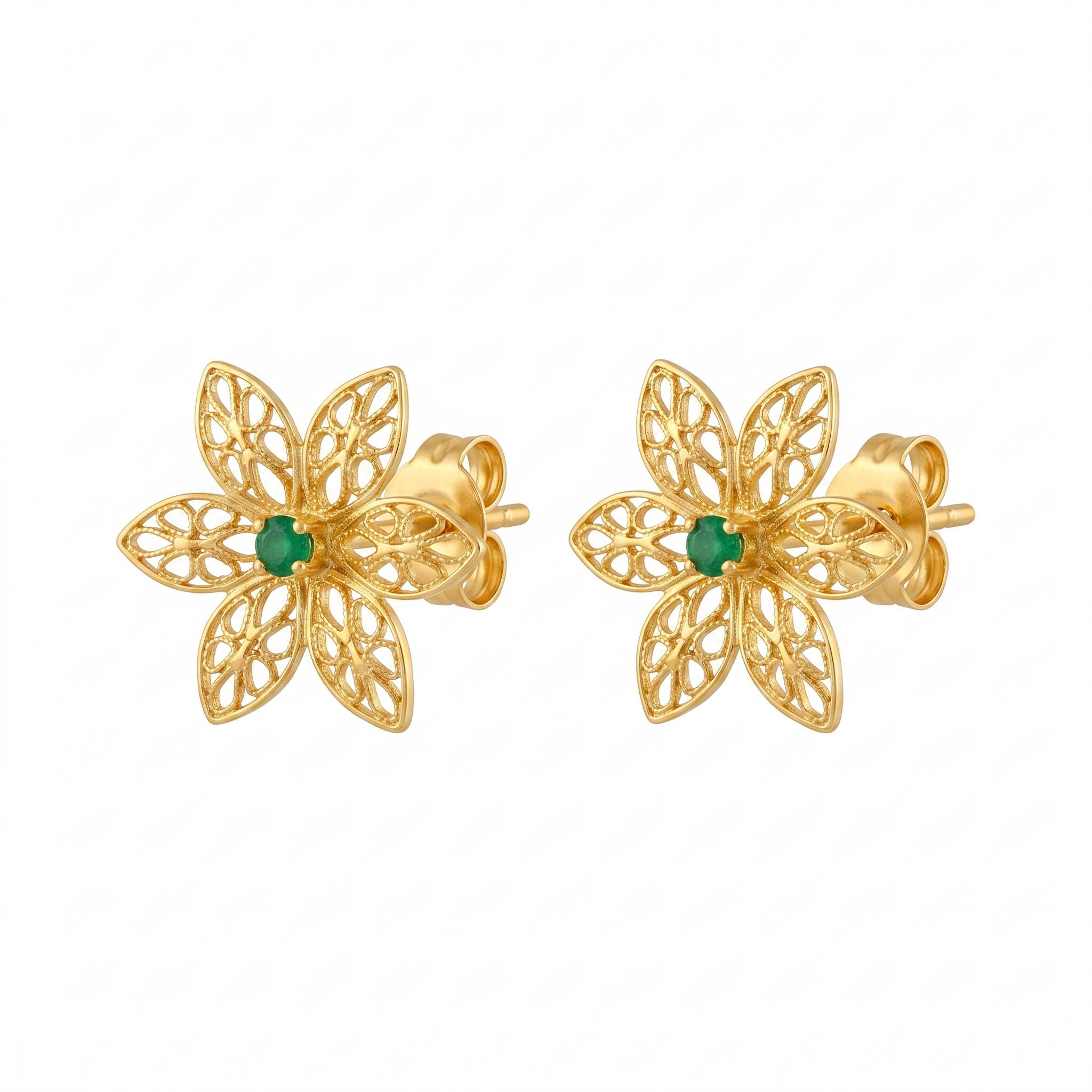 Emerald Flower Stud Earrings for Women 925 Sterling Silver Gold Plated Handmade Floral Filigree Earrings Green Gemstone Jewelry Gift for Her Everyday Wear Luxury Designer Earrings, Natural Emerald Gemstone Stud Earrings, Romantic jewelry
