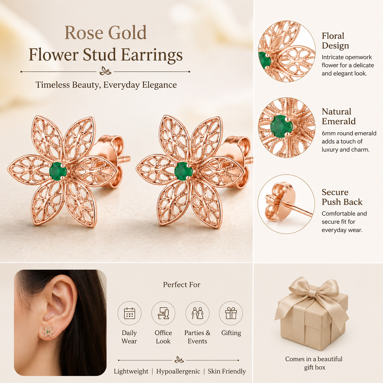 Emerald Flower Stud Earrings for Women 925 Sterling Silver Gold Plated Handmade Floral Filigree Earrings Green Gemstone Jewelry Gift for Her Everyday Wear Luxury Designer Earrings, Natural Emerald Gemstone Stud Earrings, Romantic jewelry