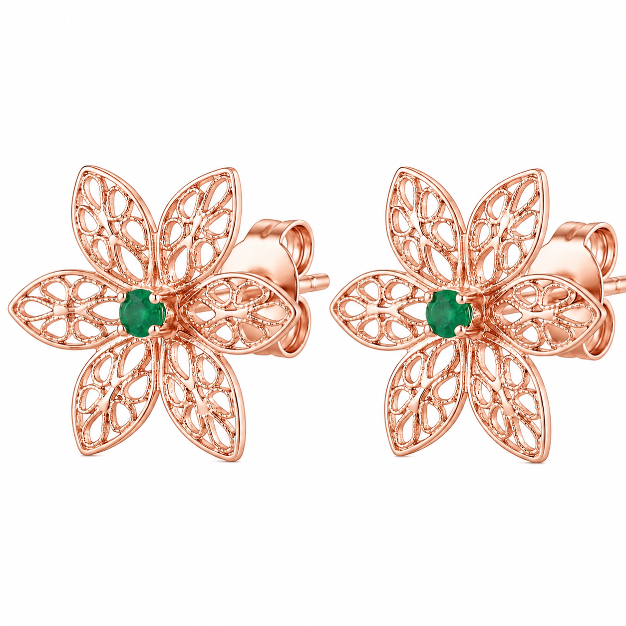 Emerald Flower Stud Earrings for Women 925 Sterling Silver Gold Plated Handmade Floral Filigree Earrings Green Gemstone Jewelry Gift for Her Everyday Wear Luxury Designer Earrings, Natural Emerald Gemstone Stud Earrings, Romantic jewelry