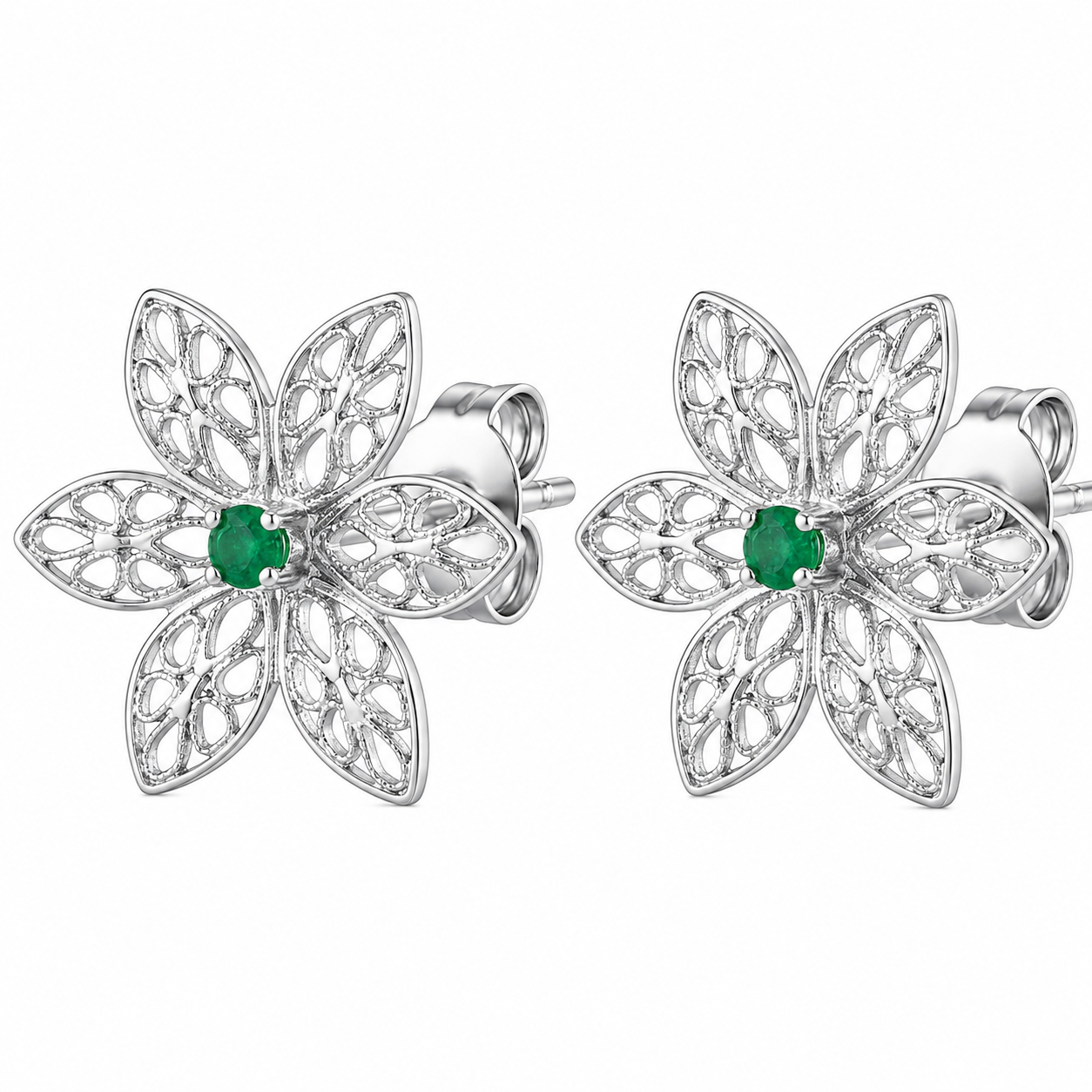 Emerald Flower Stud Earrings for Women 925 Sterling Silver Gold Plated Handmade Floral Filigree Earrings Green Gemstone Jewelry Gift for Her Everyday Wear Luxury Designer Earrings, Natural Emerald Gemstone Stud Earrings, Romantic jewelry