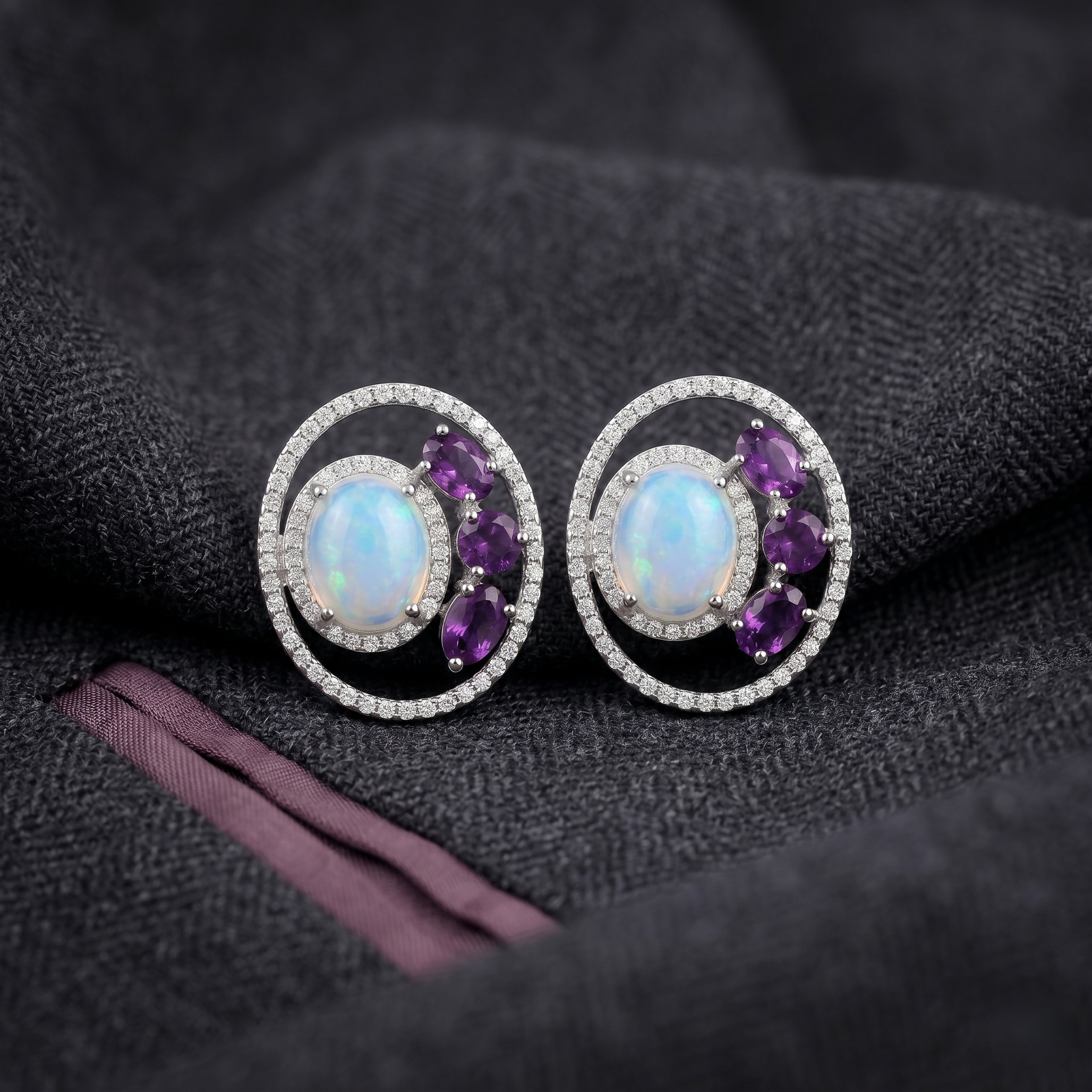 Natural Ethiopian Opal & Amethyst Stud Earrings for Women 925 Sterling Silver Halo Earrings Handmade Gemstone Jewelry Vintage Designer Earrings Gift for Her Wedding Anniversary Everyday Wear, Natural Opal Amethyst Earrings