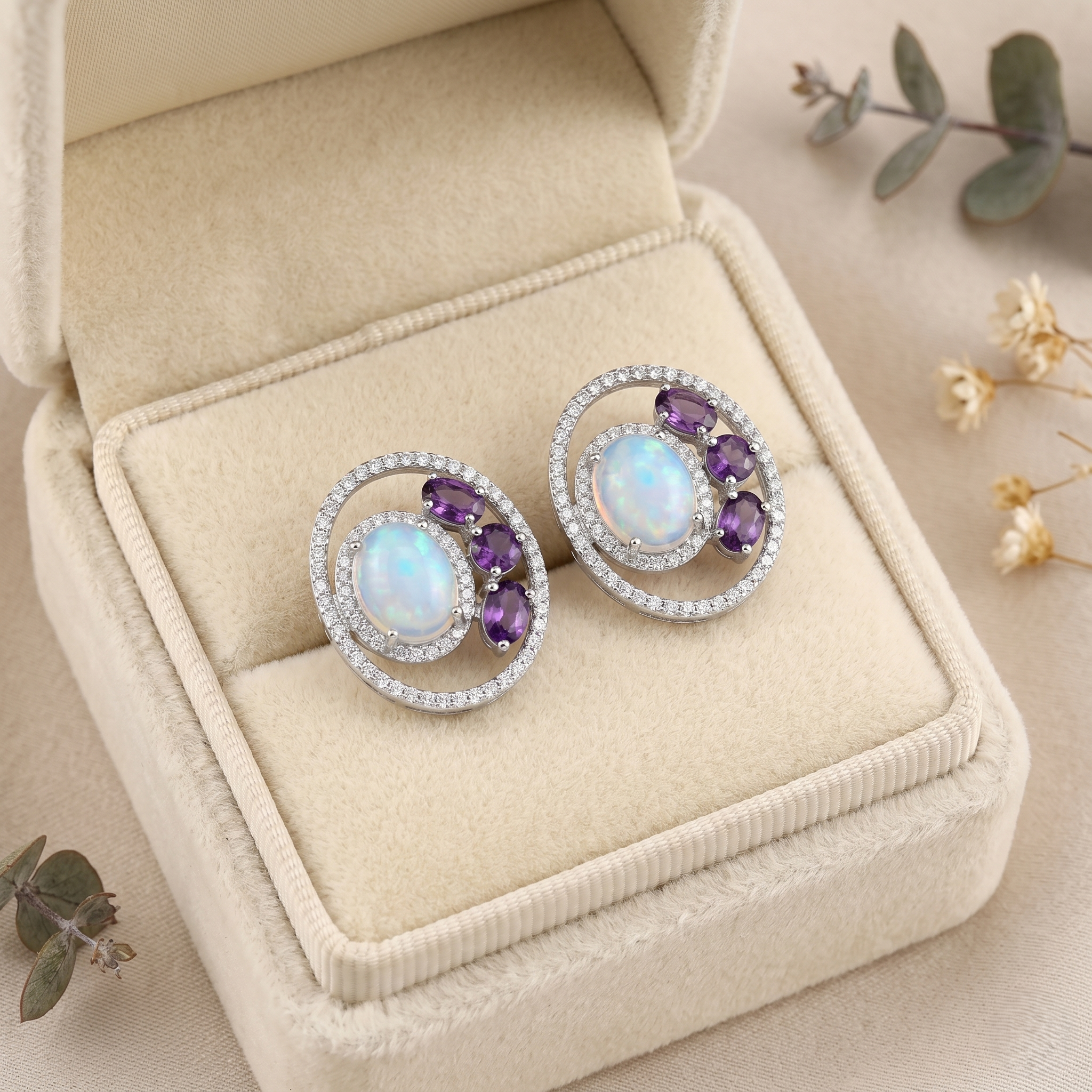 Natural Ethiopian Opal & Amethyst Stud Earrings for Women 925 Sterling Silver Halo Earrings Handmade Gemstone Jewelry Vintage Designer Earrings Gift for Her Wedding Anniversary Everyday Wear, Natural Opal Amethyst Earrings