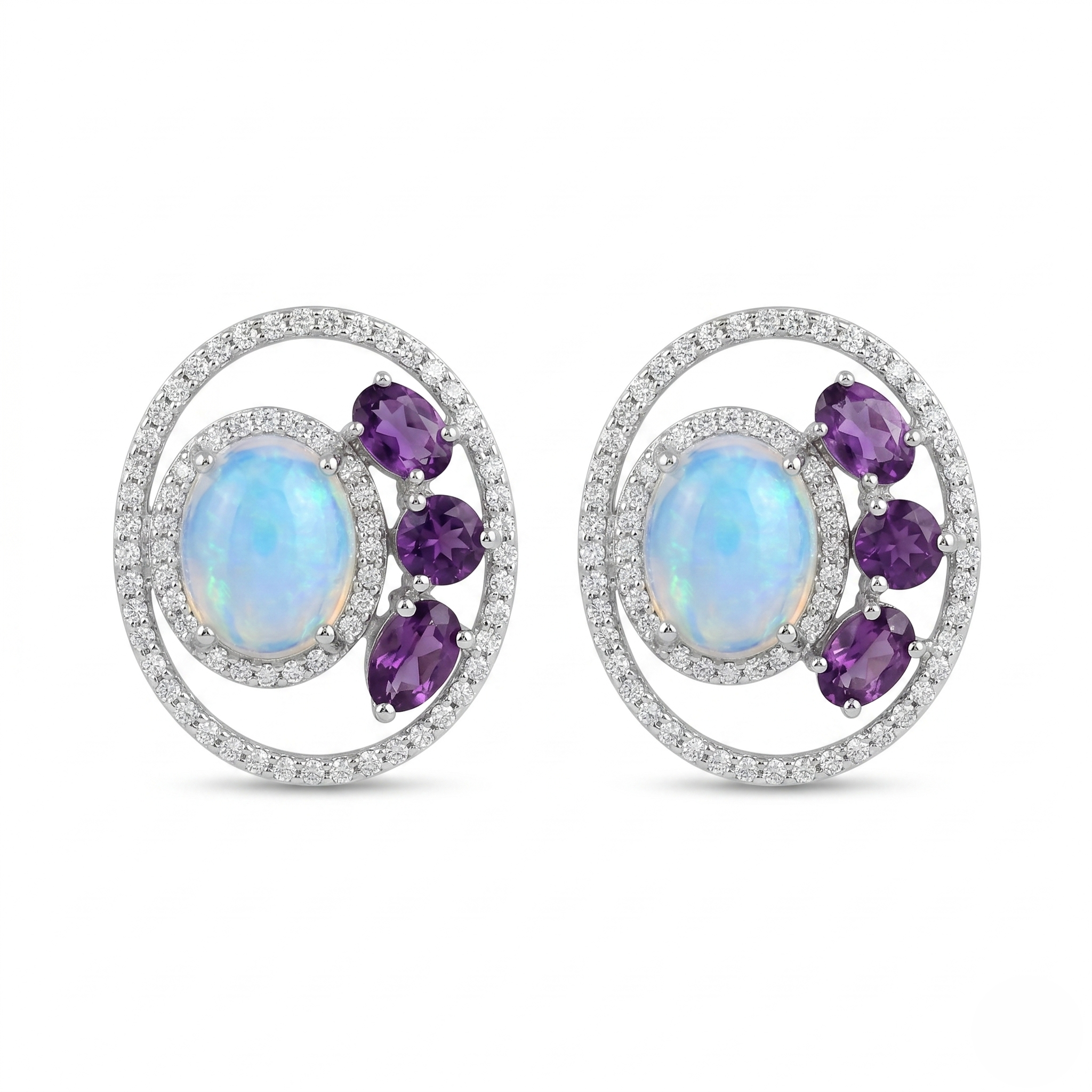 Natural Ethiopian Opal & Amethyst Stud Earrings for Women 925 Sterling Silver Halo Earrings Handmade Gemstone Jewelry Vintage Designer Earrings Gift for Her Wedding Anniversary Everyday Wear, Natural Opal Amethyst Earrings