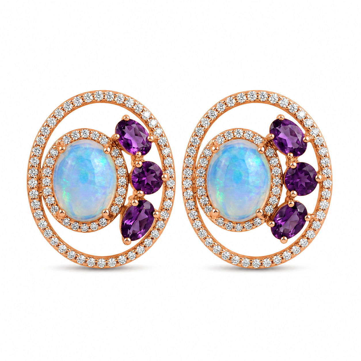 Natural Ethiopian Opal & Amethyst Stud Earrings for Women 925 Sterling Silver Halo Earrings Handmade Gemstone Jewelry Vintage Designer Earrings Gift for Her Wedding Anniversary Everyday Wear, Natural Opal Amethyst Earrings