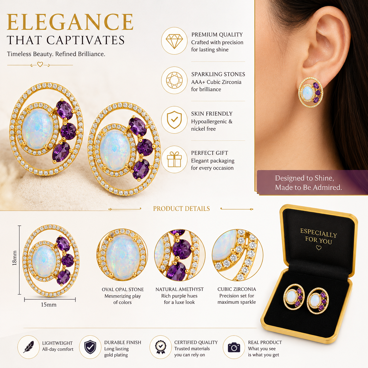 Natural Ethiopian Opal & Amethyst Stud Earrings for Women 925 Sterling Silver Halo Earrings Handmade Gemstone Jewelry Vintage Designer Earrings Gift for Her Wedding Anniversary Everyday Wear, Natural Opal Amethyst Earrings