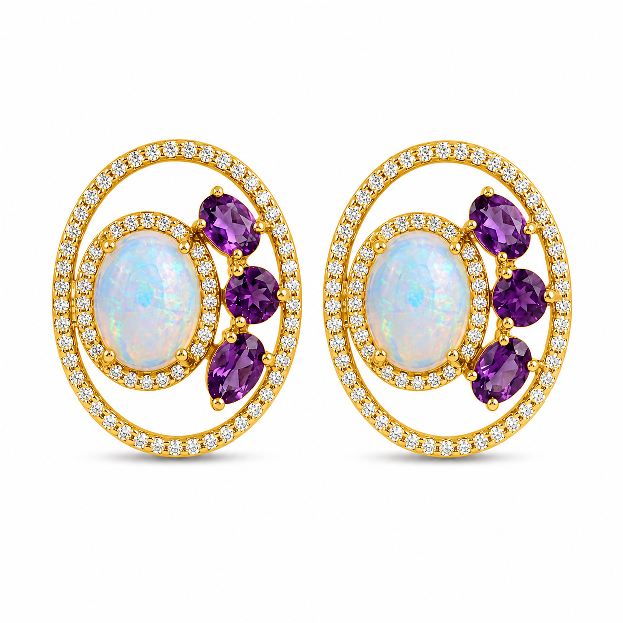 Natural Ethiopian Opal & Amethyst Stud Earrings for Women 925 Sterling Silver Halo Earrings Handmade Gemstone Jewelry Vintage Designer Earrings Gift for Her Wedding Anniversary Everyday Wear, Natural Opal Amethyst Earrings