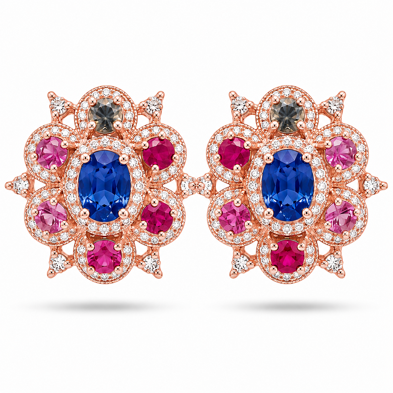 Vintage Designer Earrings, Natural Blue Sapphire & Ruby Floral Stud Earrings for Women 925 Sterling Silver Halo Statement Earrings Handmade Gemstone Jewelry Gift for Her Wedding Anniversary Party Wear, Natural Sapphire Ruby Earrings