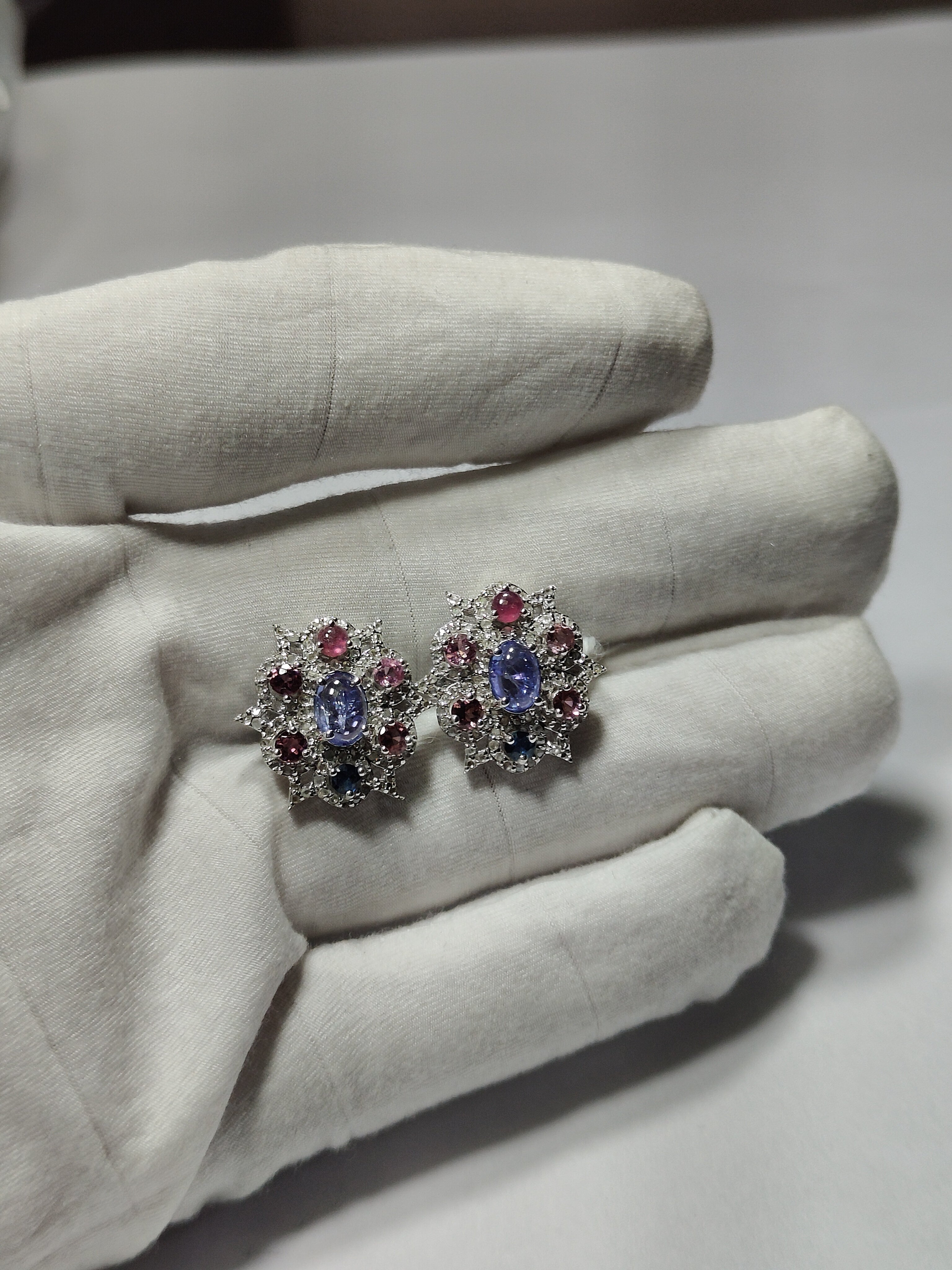Vintage Designer Earrings, Natural Blue Sapphire & Ruby Floral Stud Earrings for Women 925 Sterling Silver Halo Statement Earrings Handmade Gemstone Jewelry Gift for Her Wedding Anniversary Party Wear, Natural Sapphire Ruby Earrings