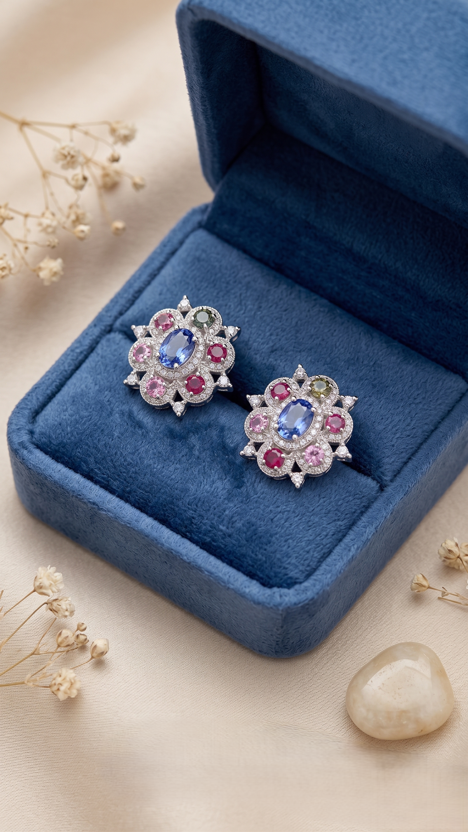 Vintage Designer Earrings, Natural Blue Sapphire & Ruby Floral Stud Earrings for Women 925 Sterling Silver Halo Statement Earrings Handmade Gemstone Jewelry Gift for Her Wedding Anniversary Party Wear, Natural Sapphire Ruby Earrings