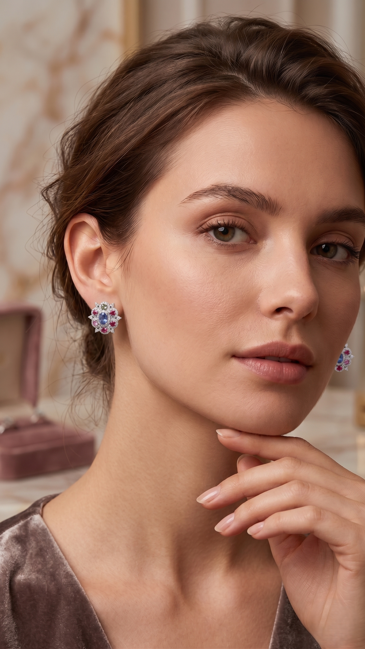 Vintage Designer Earrings, Natural Blue Sapphire & Ruby Floral Stud Earrings for Women 925 Sterling Silver Halo Statement Earrings Handmade Gemstone Jewelry Gift for Her Wedding Anniversary Party Wear, Natural Sapphire Ruby Earrings