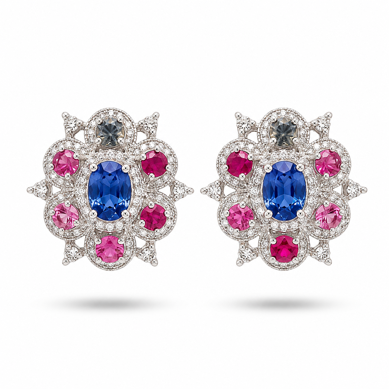 Vintage Designer Earrings, Natural Blue Sapphire & Ruby Floral Stud Earrings for Women 925 Sterling Silver Halo Statement Earrings Handmade Gemstone Jewelry Gift for Her Wedding Anniversary Party Wear, Natural Sapphire Ruby Earrings