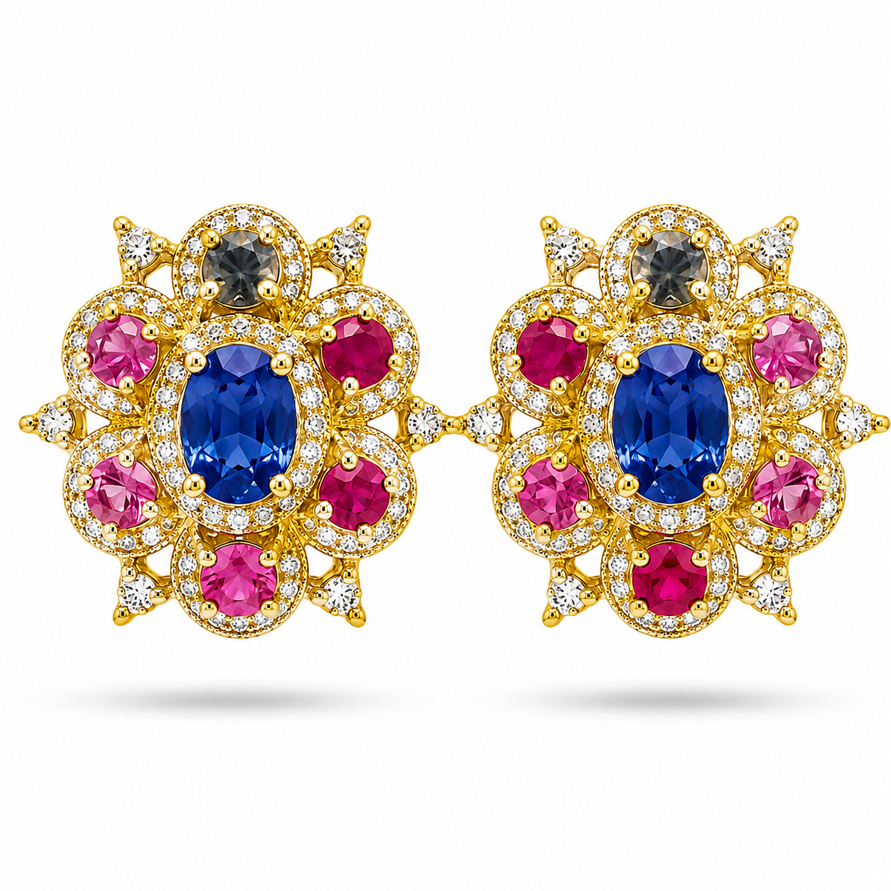 Vintage Designer Earrings, Natural Blue Sapphire & Ruby Floral Stud Earrings for Women 925 Sterling Silver Halo Statement Earrings Handmade Gemstone Jewelry Gift for Her Wedding Anniversary Party Wear, Natural Sapphire Ruby Earrings