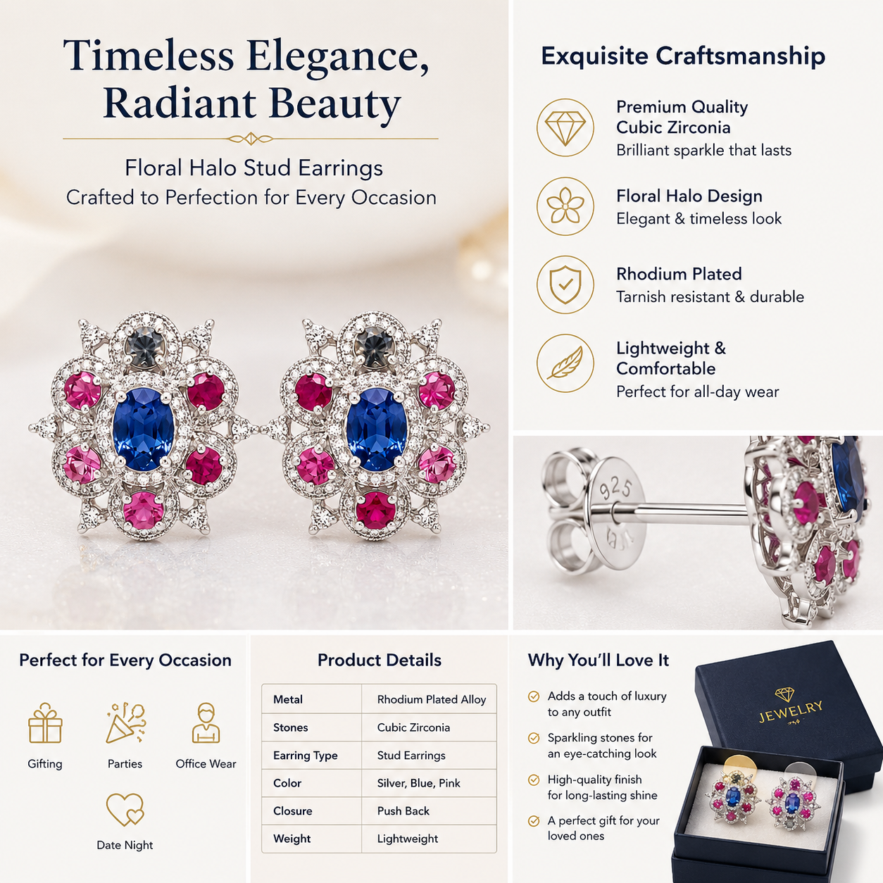 Vintage Designer Earrings, Natural Blue Sapphire & Ruby Floral Stud Earrings for Women 925 Sterling Silver Halo Statement Earrings Handmade Gemstone Jewelry Gift for Her Wedding Anniversary Party Wear, Natural Sapphire Ruby Earrings