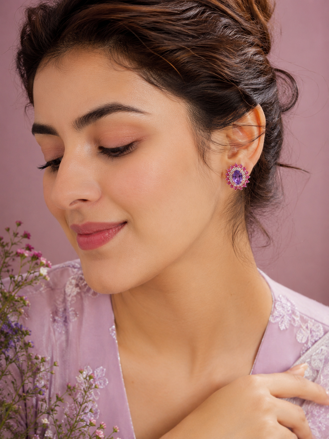 Floral Statement Jewelry, Natural Amethyst & Pink Sapphire Halo Stud Earrings for Women 925 Sterling Silver Designer Gemstone Earrings Vintage Wedding Anniversary Gift for Her Everyday Luxury Wear, Natural Amethyst Pink Sapphire Earrings