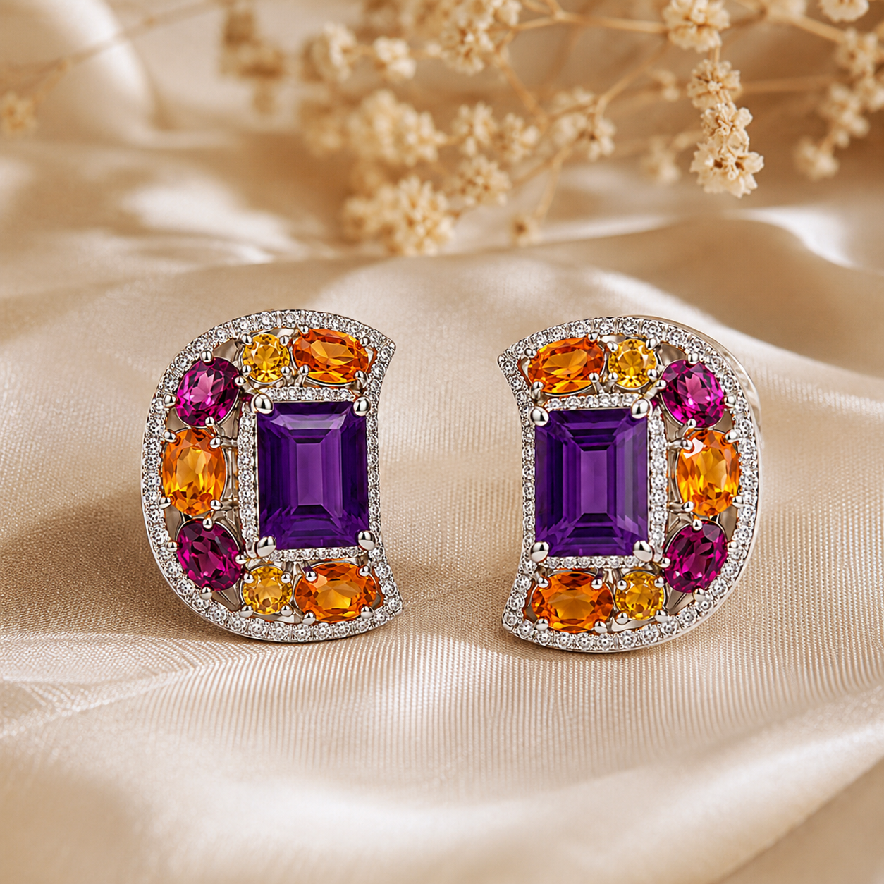 Statement Earrings, Natural Amethyst Multi Gemstone Stud Earrings for Women 925 Sterling Silver Purple Gemstone Designer Jewelry Citrine Garnet Handmade Luxury Earrings Gift for Her Party Wedding Jewelry
