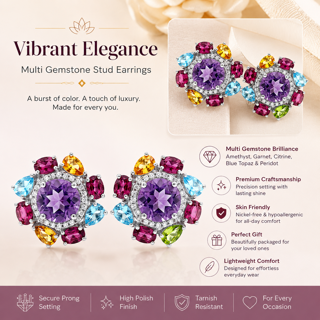 Floral Stud Earrings Natural Amethyst Multi Gemstone 925 Sterling Silver Statement Earrings for Women | Topaz Citrine Peridot Garnet Handmade Luxury Gift for Her