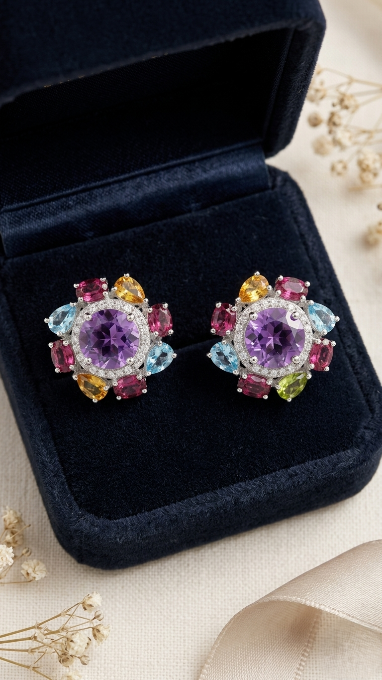 Floral Stud Earrings Natural Amethyst Multi Gemstone 925 Sterling Silver Statement Earrings for Women | Topaz Citrine Peridot Garnet Handmade Luxury Gift for Her