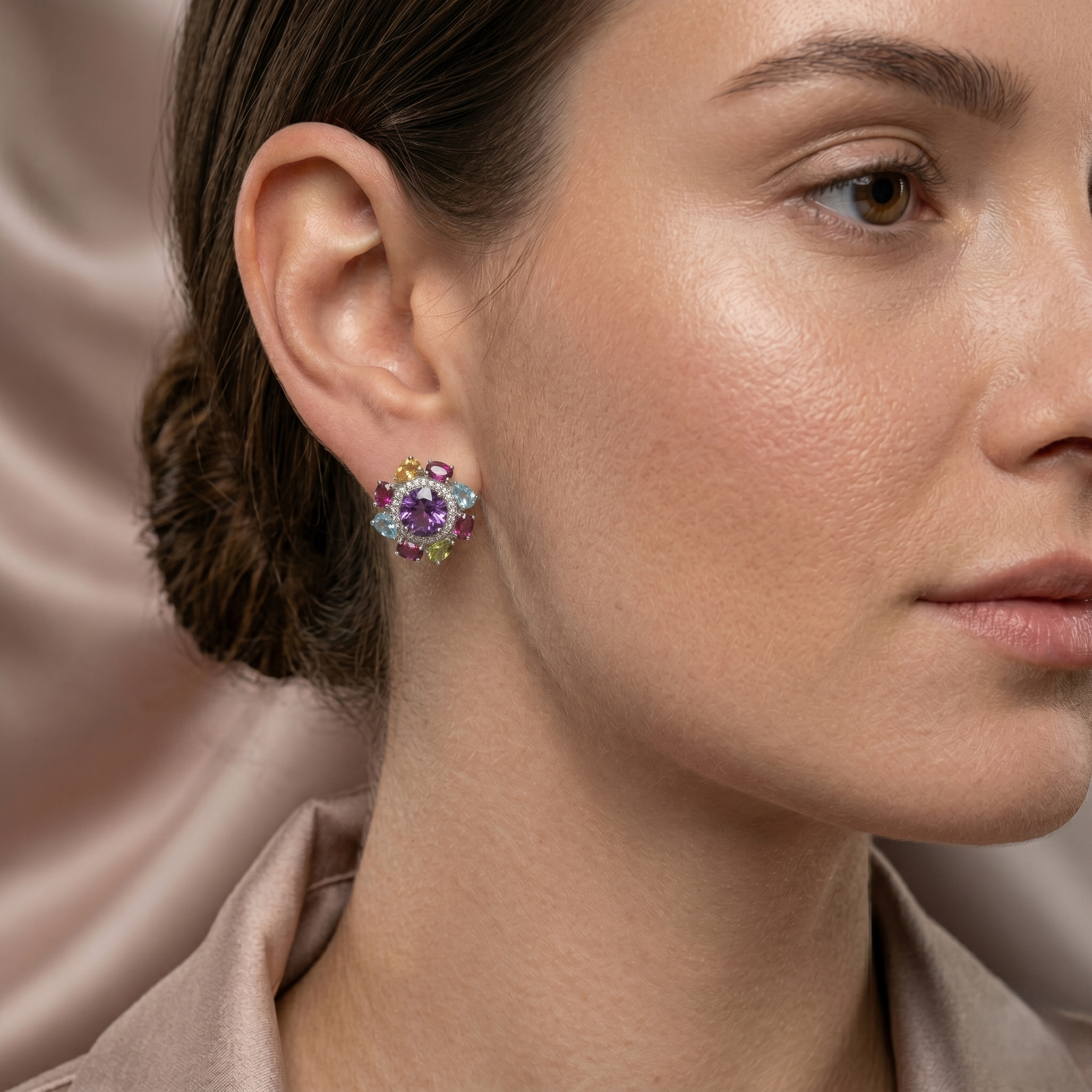 Floral Stud Earrings Natural Amethyst Multi Gemstone 925 Sterling Silver Statement Earrings for Women | Topaz Citrine Peridot Garnet Handmade Luxury Gift for Her