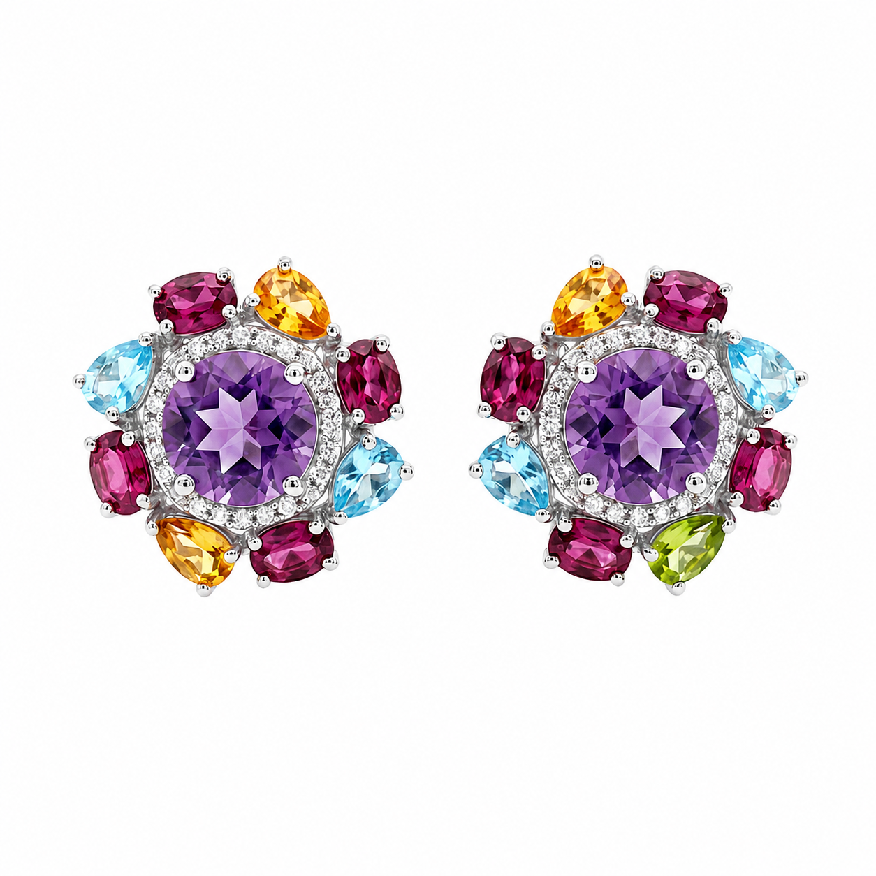 Floral Stud Earrings Natural Amethyst Multi Gemstone 925 Sterling Silver Statement Earrings for Women | Topaz Citrine Peridot Garnet Handmade Luxury Gift for Her