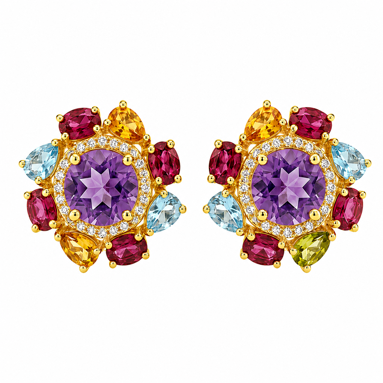 Floral Stud Earrings Natural Amethyst Multi Gemstone 925 Sterling Silver Statement Earrings for Women | Topaz Citrine Peridot Garnet Handmade Luxury Gift for Her