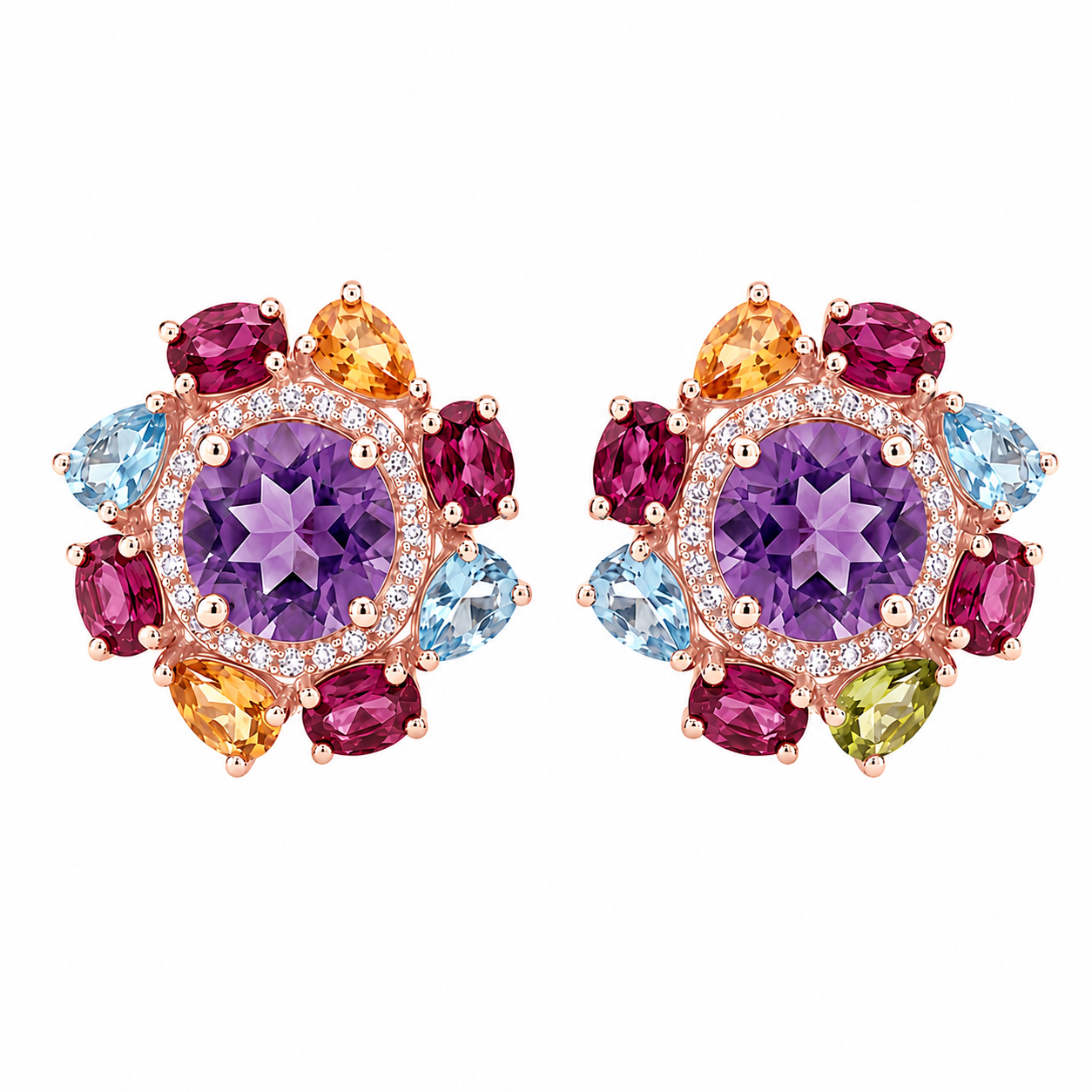 Floral Stud Earrings Natural Amethyst Multi Gemstone 925 Sterling Silver Statement Earrings for Women | Topaz Citrine Peridot Garnet Handmade Luxury Gift for Her