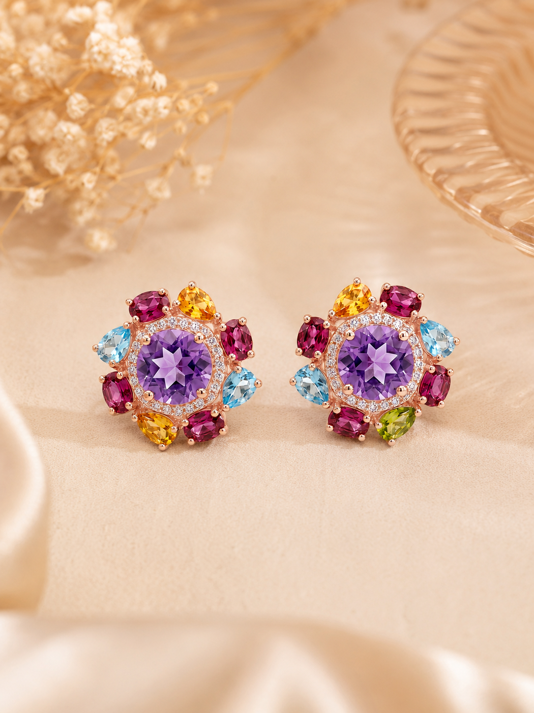 Floral Stud Earrings Natural Amethyst Multi Gemstone 925 Sterling Silver Statement Earrings for Women | Topaz Citrine Peridot Garnet Handmade Luxury Gift for Her