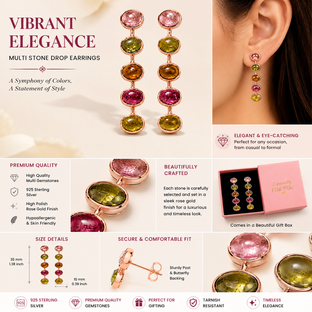 Rose Gold Plated 925 Sterling Silver Natural Tourmaline Gemstone Drop Earrings for Women, Luxury Statement Earrings Gift for Her,