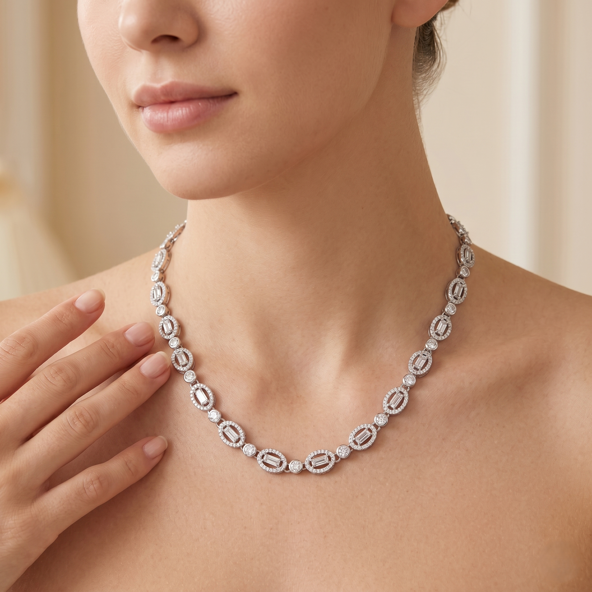 Luxury Halo Oval Link Necklace in 925 Sterling Silver | Elegant CZ Diamond Tennis Necklace for Women | Gift for Her | Wedding Necklace