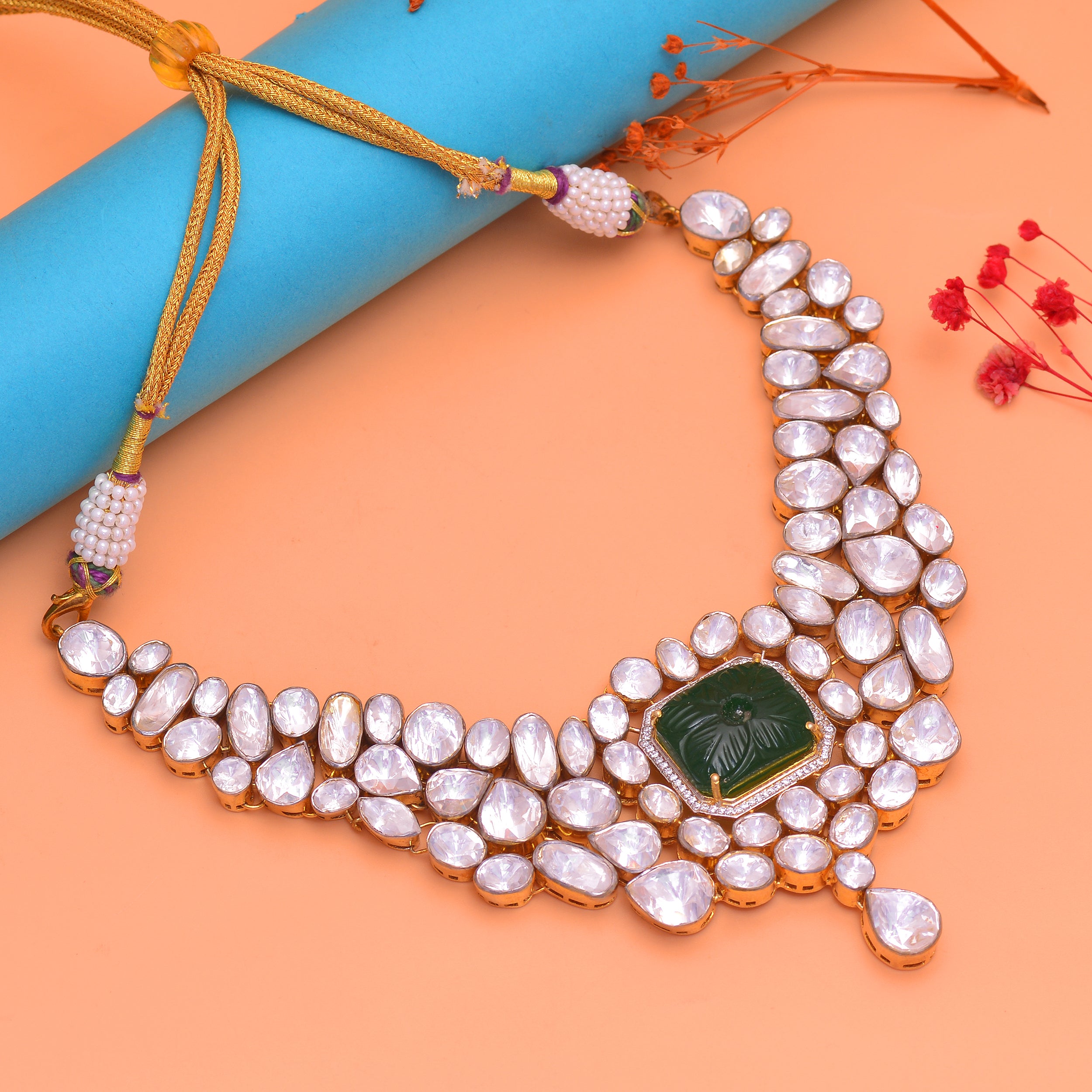 Royal Polki Kundan Statement Necklace in 925 Sterling Silver Gold Plated Finish | Bridal Wedding Necklace for Women