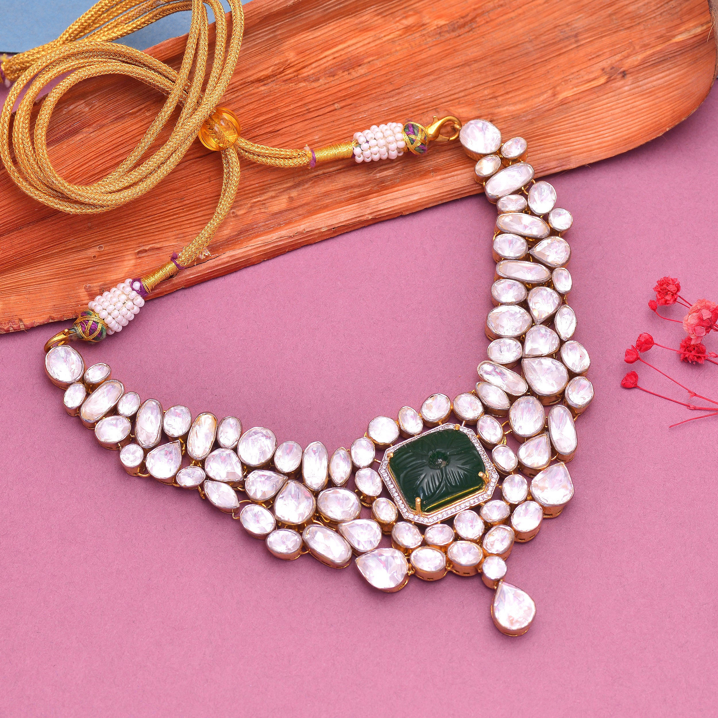 Royal Polki Kundan Statement Necklace in 925 Sterling Silver Gold Plated Finish | Bridal Wedding Necklace for Women