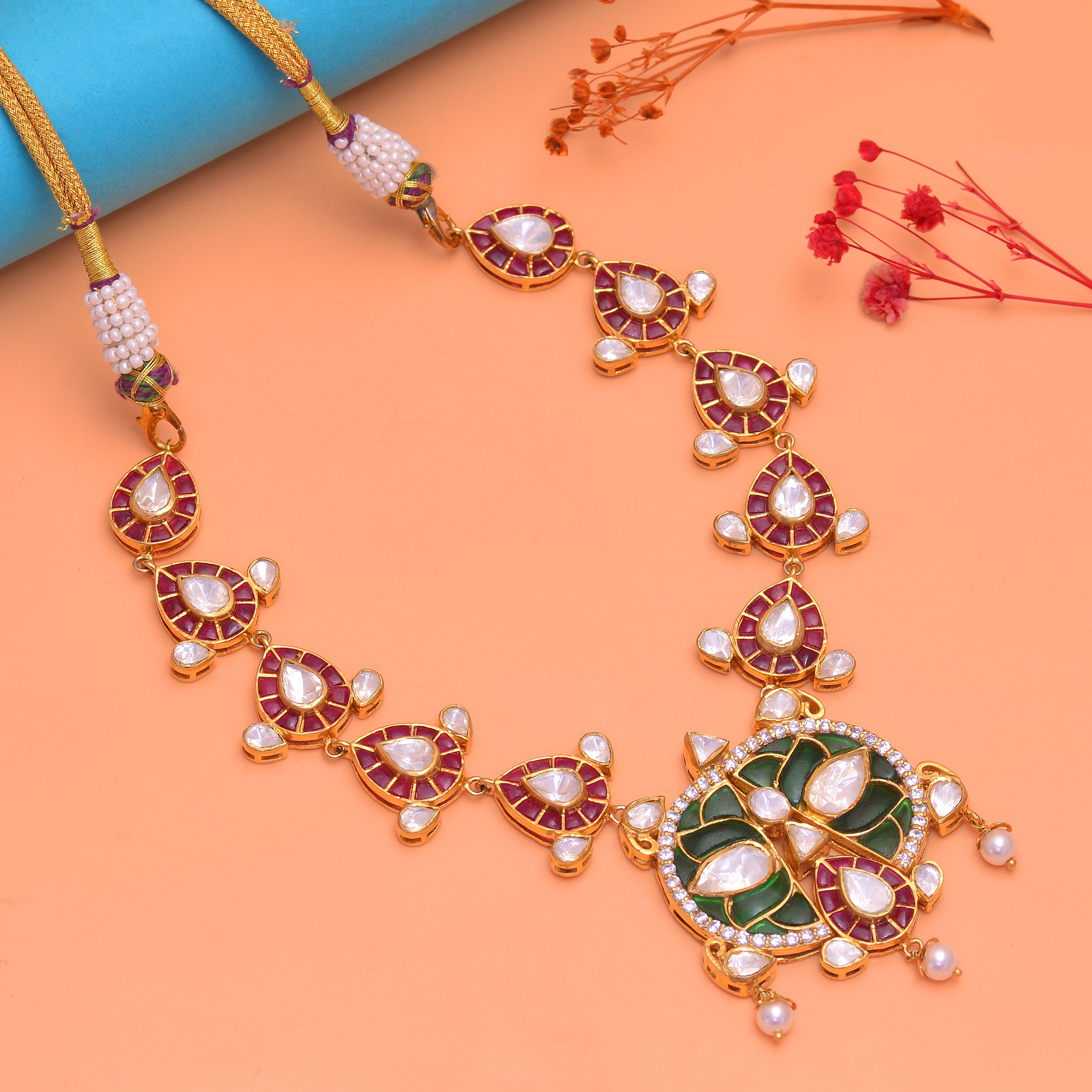 Royal Peacock Kundan Necklace in 925 Sterling Silver Gold Finish | Designer Bridal Statement Necklace for Women