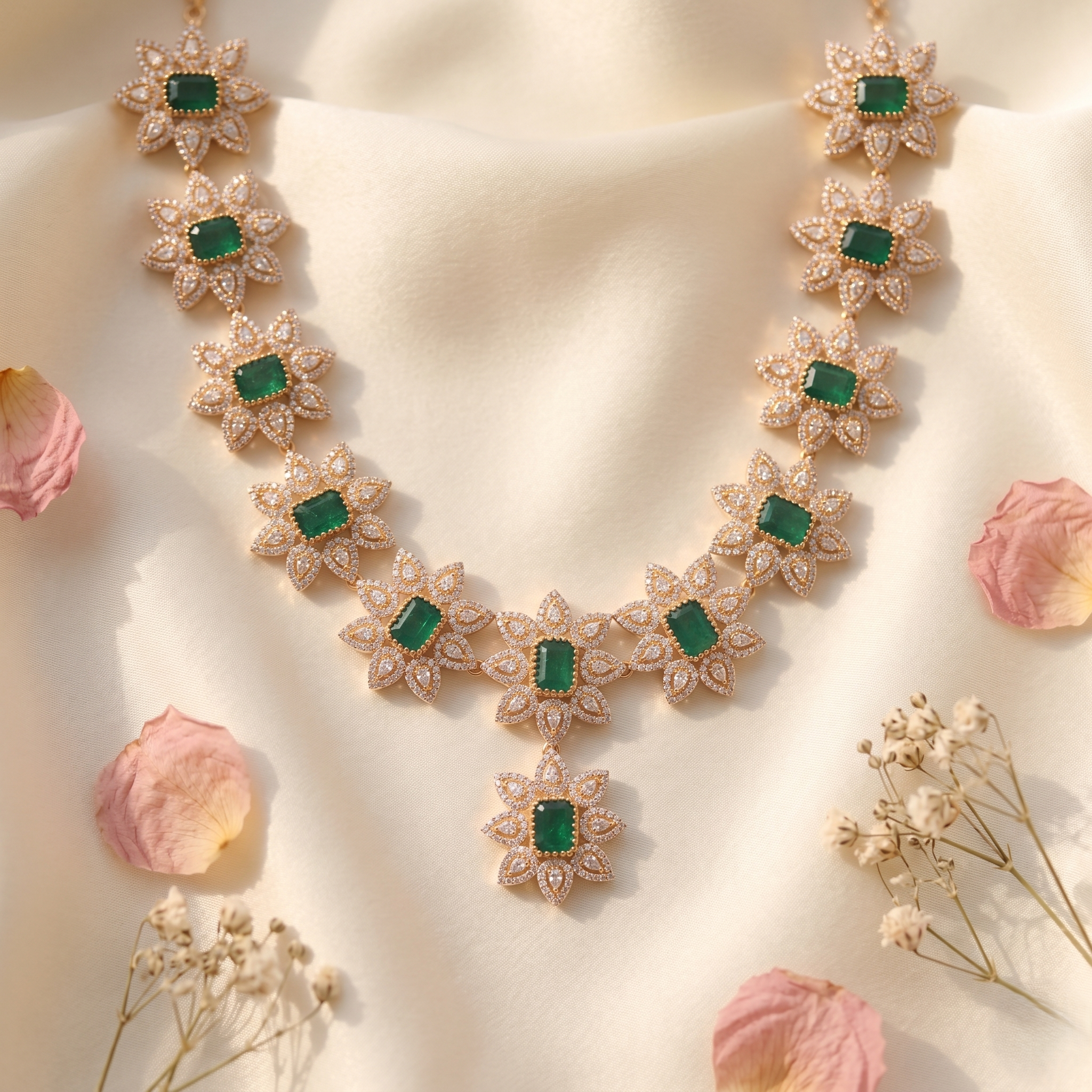 Luxury Emerald Floral Necklace in 925 Sterling Silver Gold Plated | Designer Diamond Look Bridal Necklace for Women | Wedding Necklace