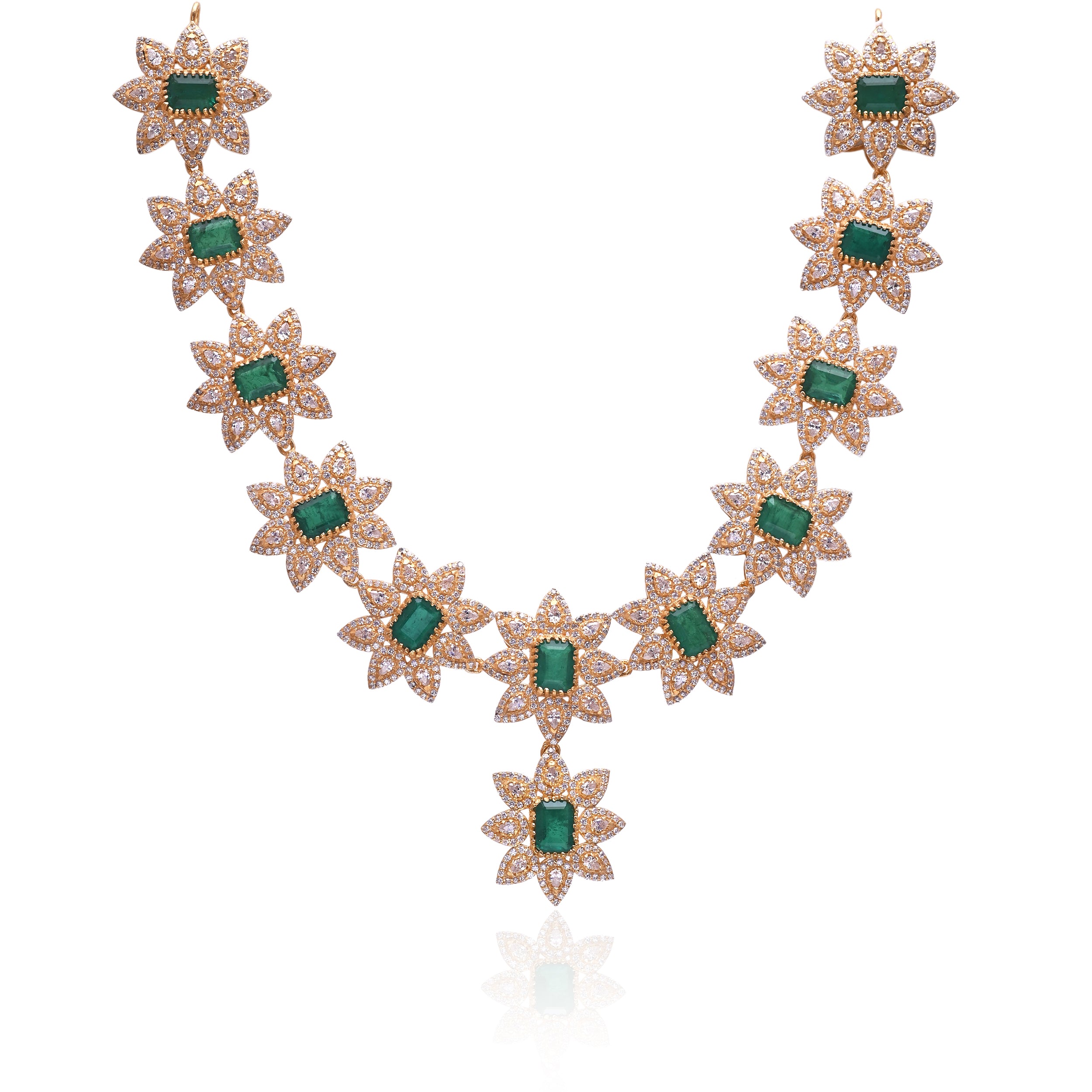 Luxury Emerald Floral Necklace in 925 Sterling Silver Gold Plated | Designer Diamond Look Bridal Necklace for Women | Wedding Necklace