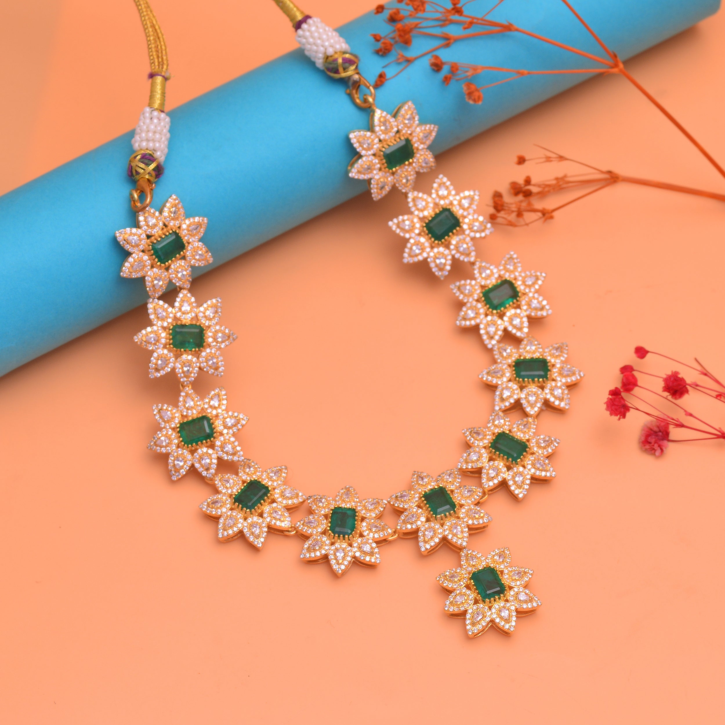 Luxury Emerald Floral Necklace in 925 Sterling Silver Gold Plated | Designer Diamond Look Bridal Necklace for Women | Wedding Necklace