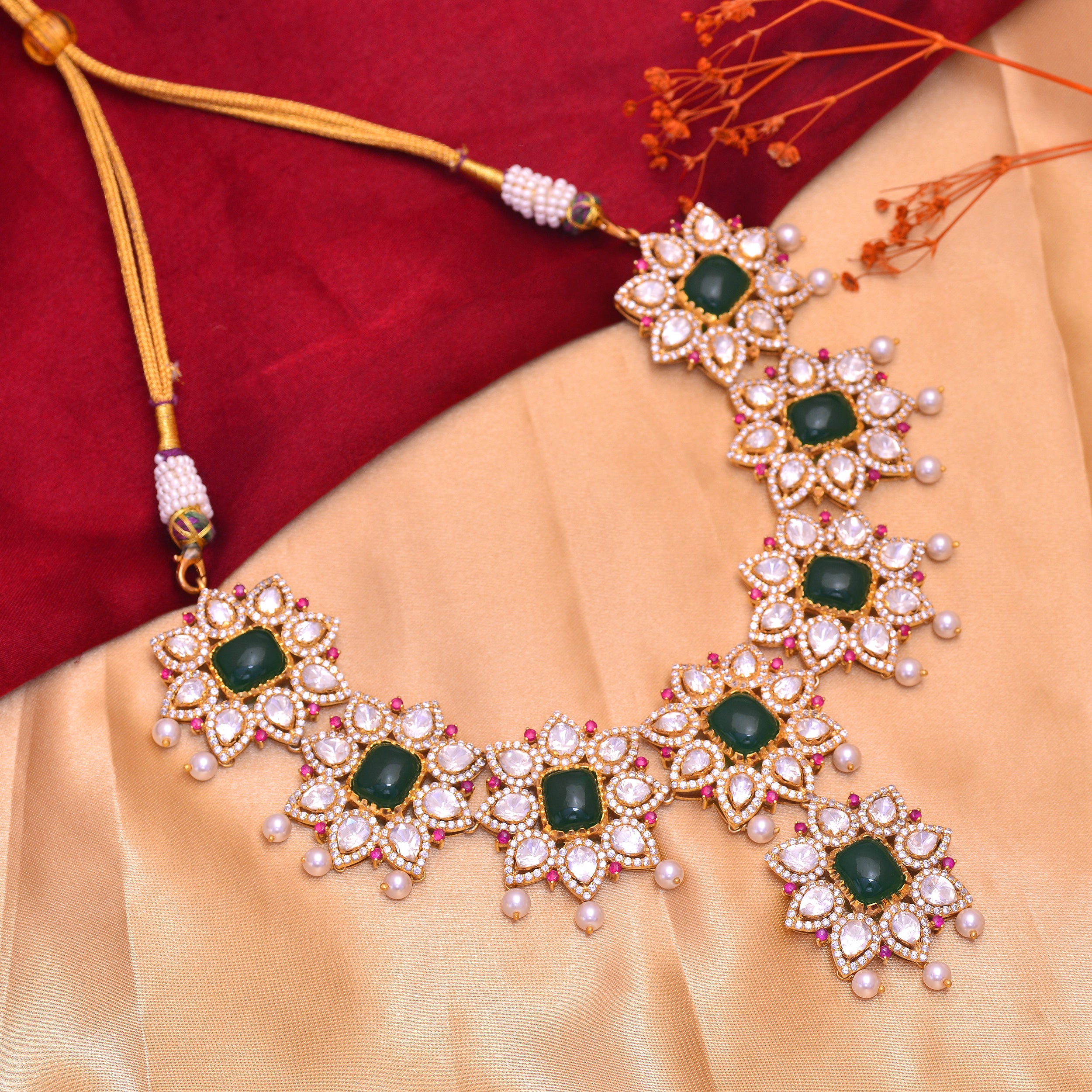 Royal Heritage 925 Sterling Silver Emerald & Polki Diamond Choker Necklace | Bridal Necklace Jewelry | Women's Necklace