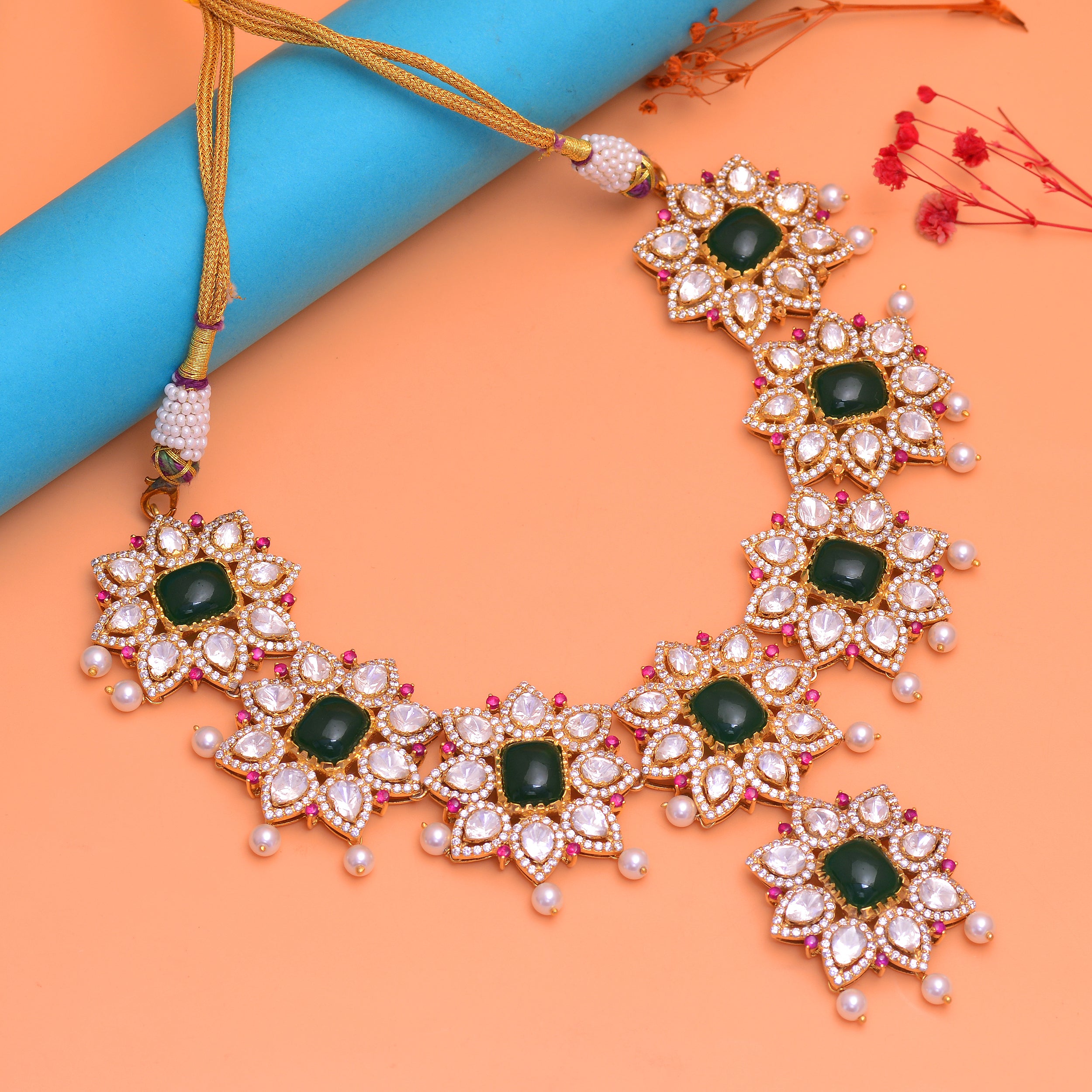 Royal Heritage 925 Sterling Silver Emerald & Polki Diamond Choker Necklace | Bridal Necklace Jewelry | Women's Necklace