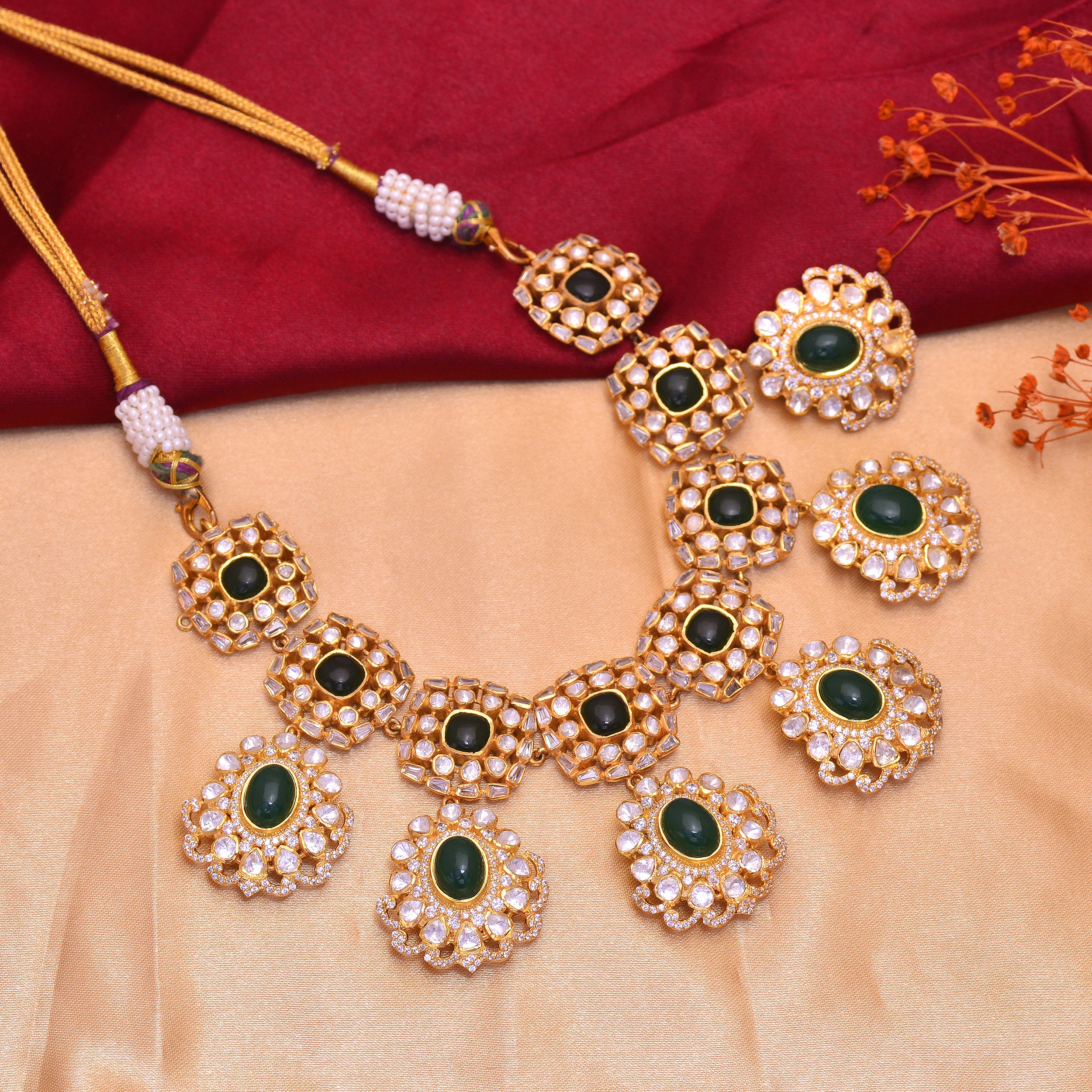 925 Silver Emerald Green Kundan Statement Necklace Set for Women | Gold Plated Polki Bridal Jewelry | Wedding & Festive Choker Necklace | Gift for Her Mom Friend