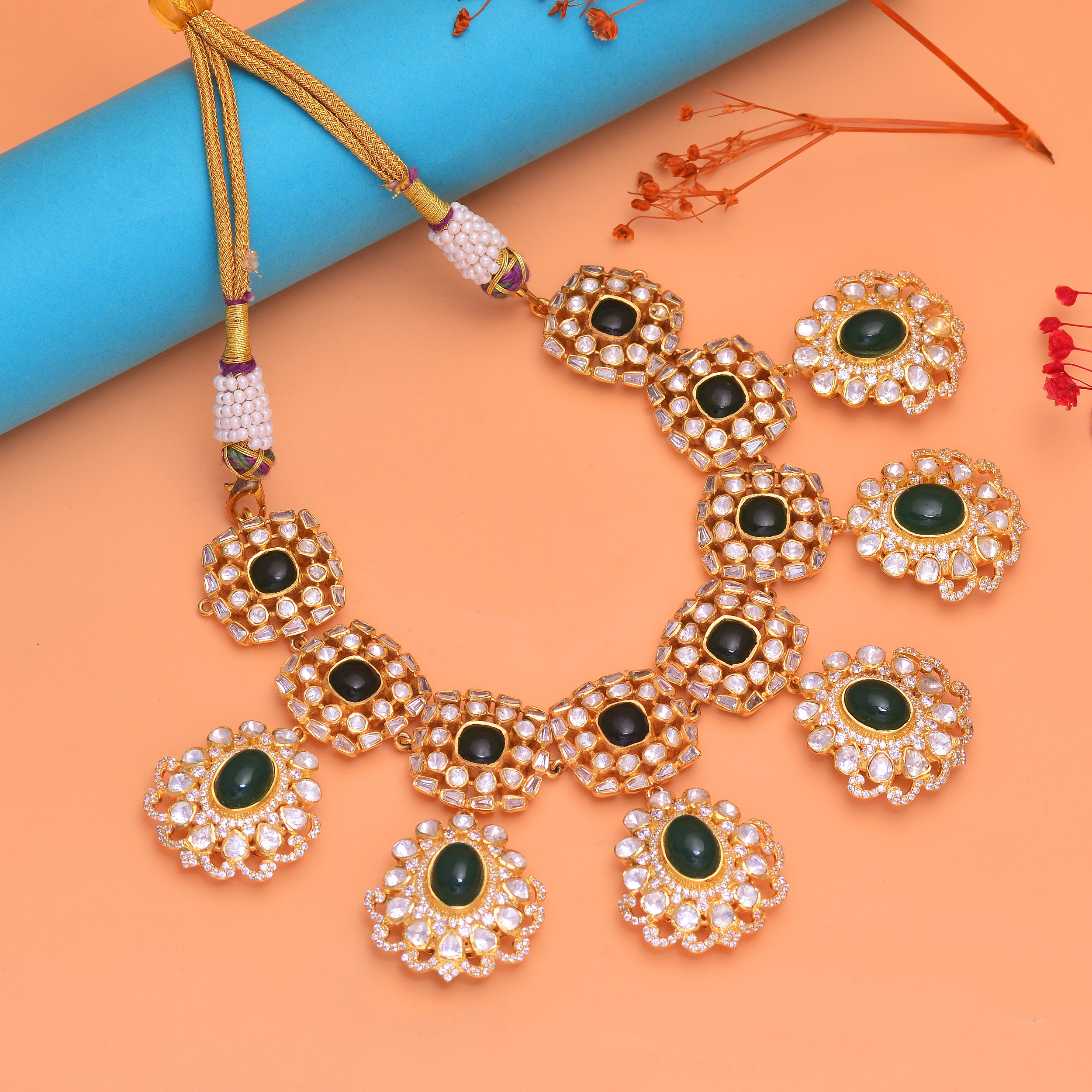 925 Silver Emerald Green Kundan Statement Necklace Set for Women | Gold Plated Polki Bridal Jewelry | Wedding & Festive Choker Necklace | Gift for Her Mom Friend