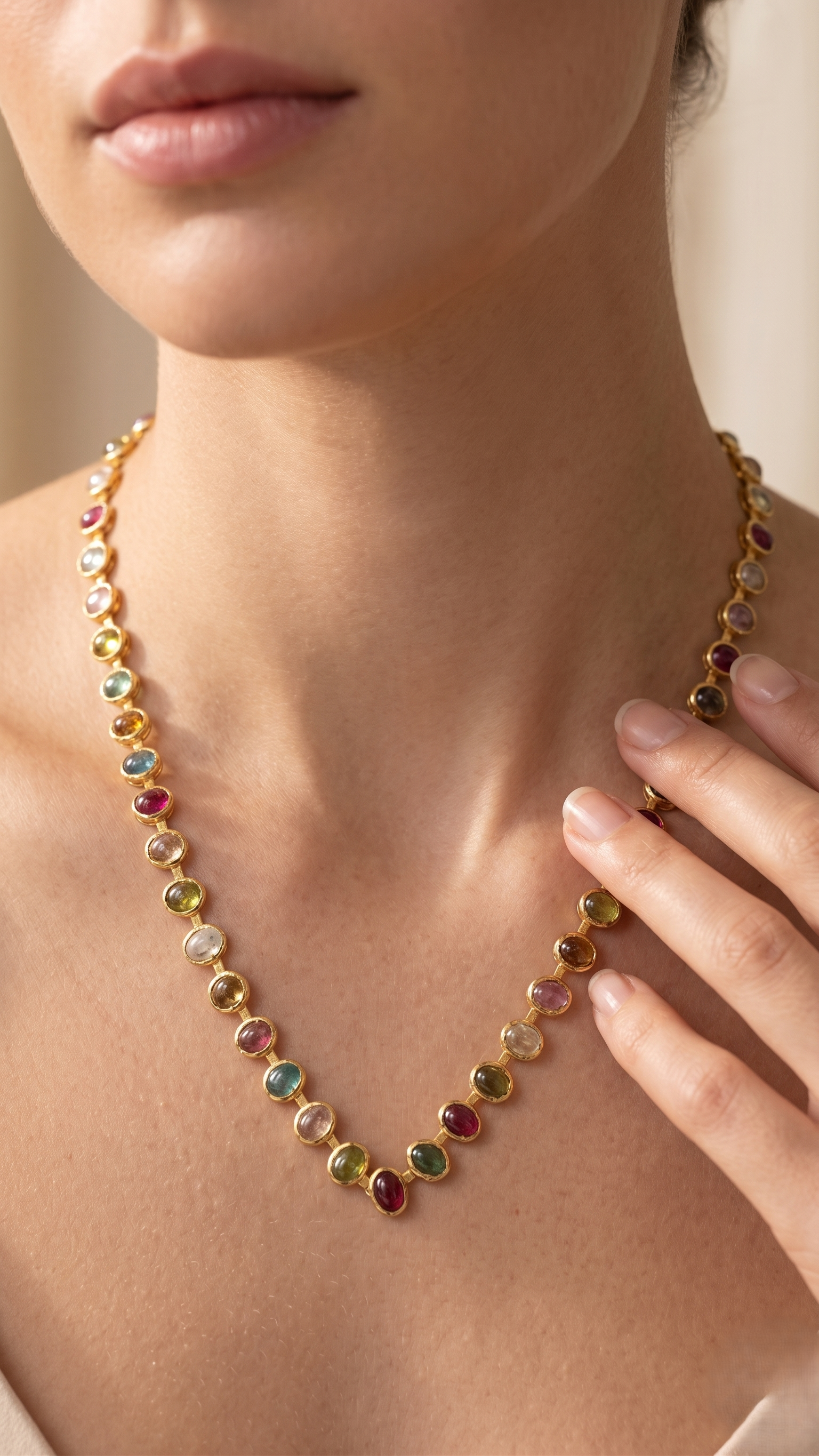 925 Silver Gold Plated Natural Multi-Tourmaline Tennis Necklace | Oval Cut Colorful Gemstone Rainbow Choker Chain | Women's Necklace