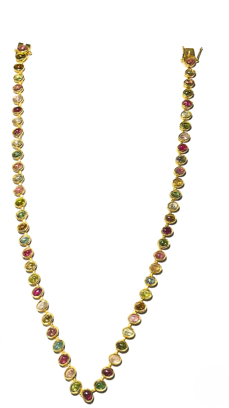 925 Silver Gold Plated Natural Multi-Tourmaline Tennis Necklace | Oval Cut Colorful Gemstone Rainbow Choker Chain | Women's Necklace
