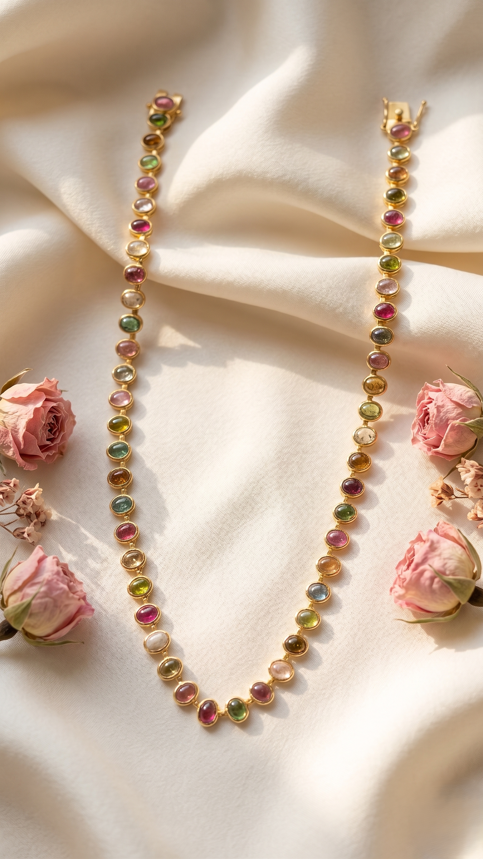 925 Silver Gold Plated Natural Multi-Tourmaline Tennis Necklace | Oval Cut Colorful Gemstone Rainbow Choker Chain | Women's Necklace