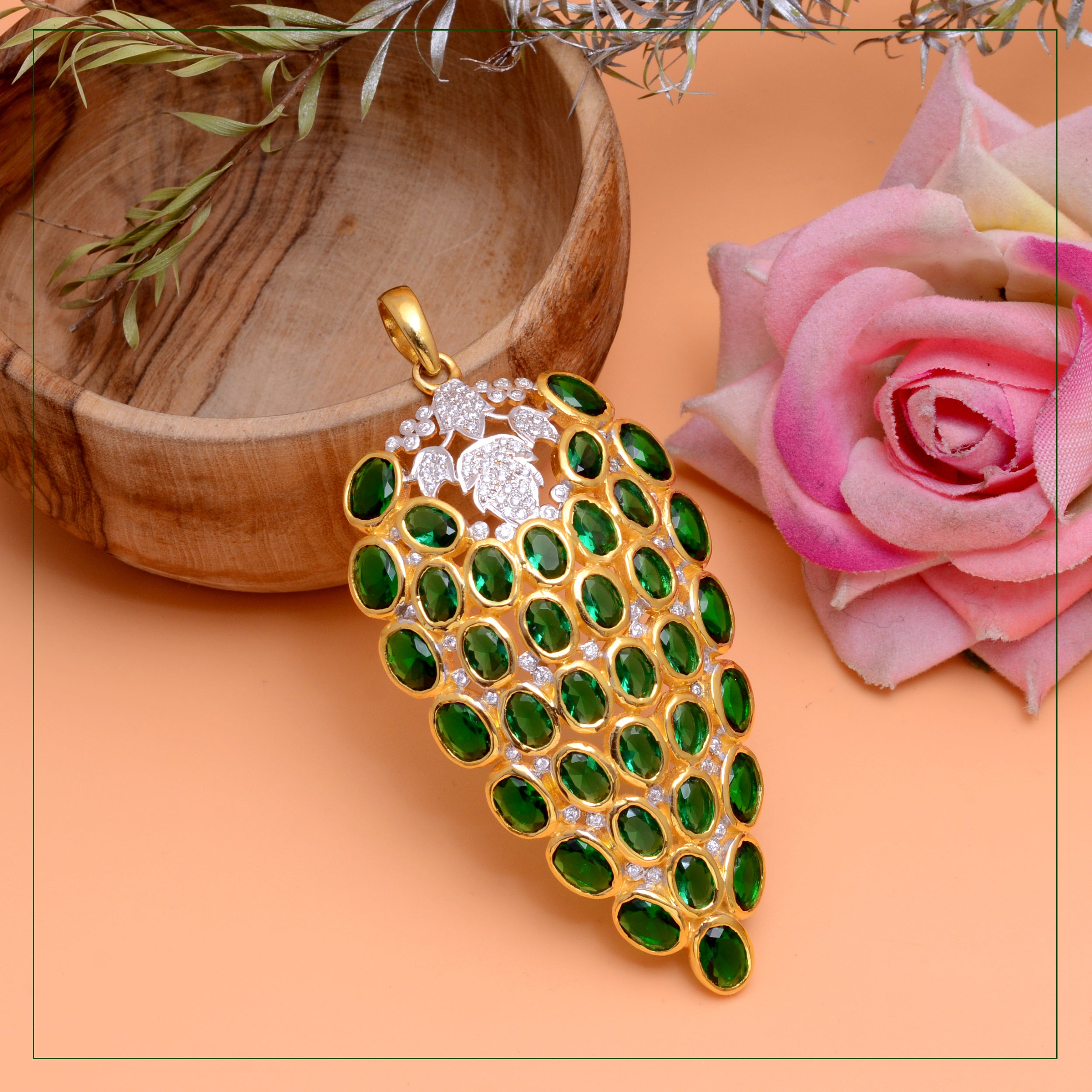 925 Silver Emerald Leaf Pendant Necklace for Women – Green Emerald & CZ Statement Pendant in Gold Plated Finish – Handmade Luxury Gemstone Jewelry Gift | Women's Pendant Jewelry