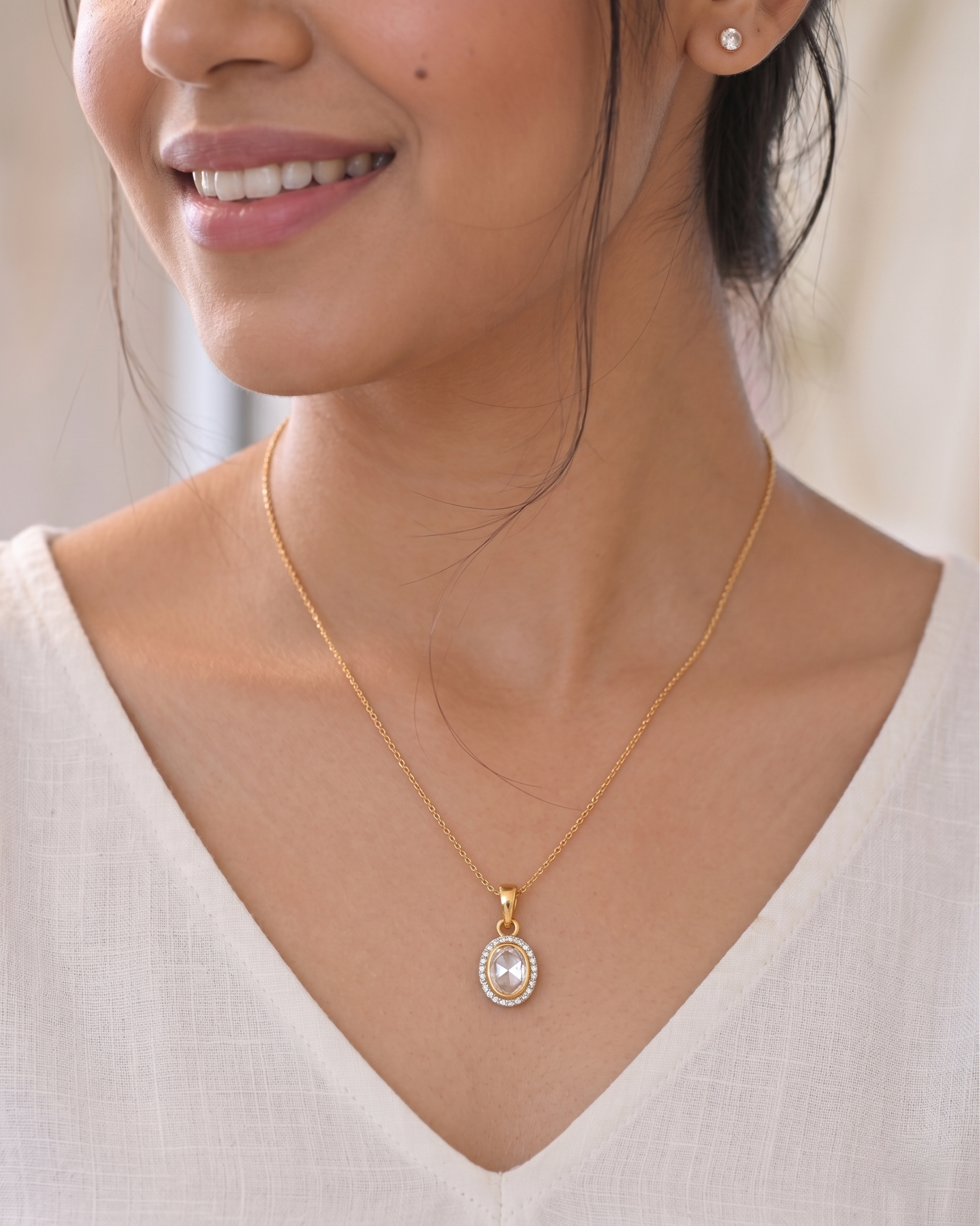 925 Sterling Silver Halo Pendant Necklace for Women – Oval White Stone Pendant in Gold Plated – Minimal Elegant Handmade Jewelry Gift | Women's Jewelry