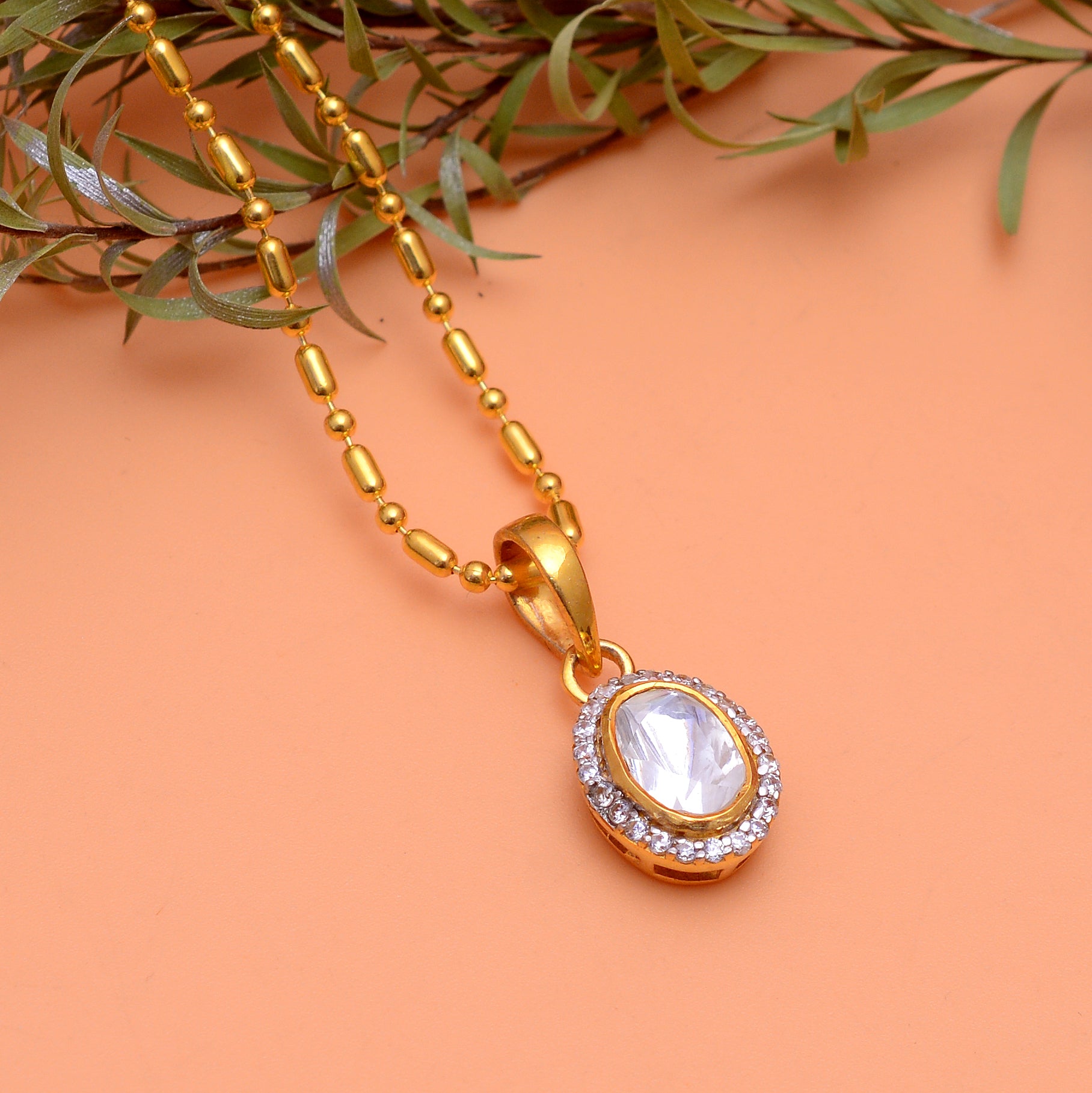 925 Sterling Silver Halo Pendant Necklace for Women – Oval White Stone Pendant in Gold Plated – Minimal Elegant Handmade Jewelry Gift | Women's Jewelry