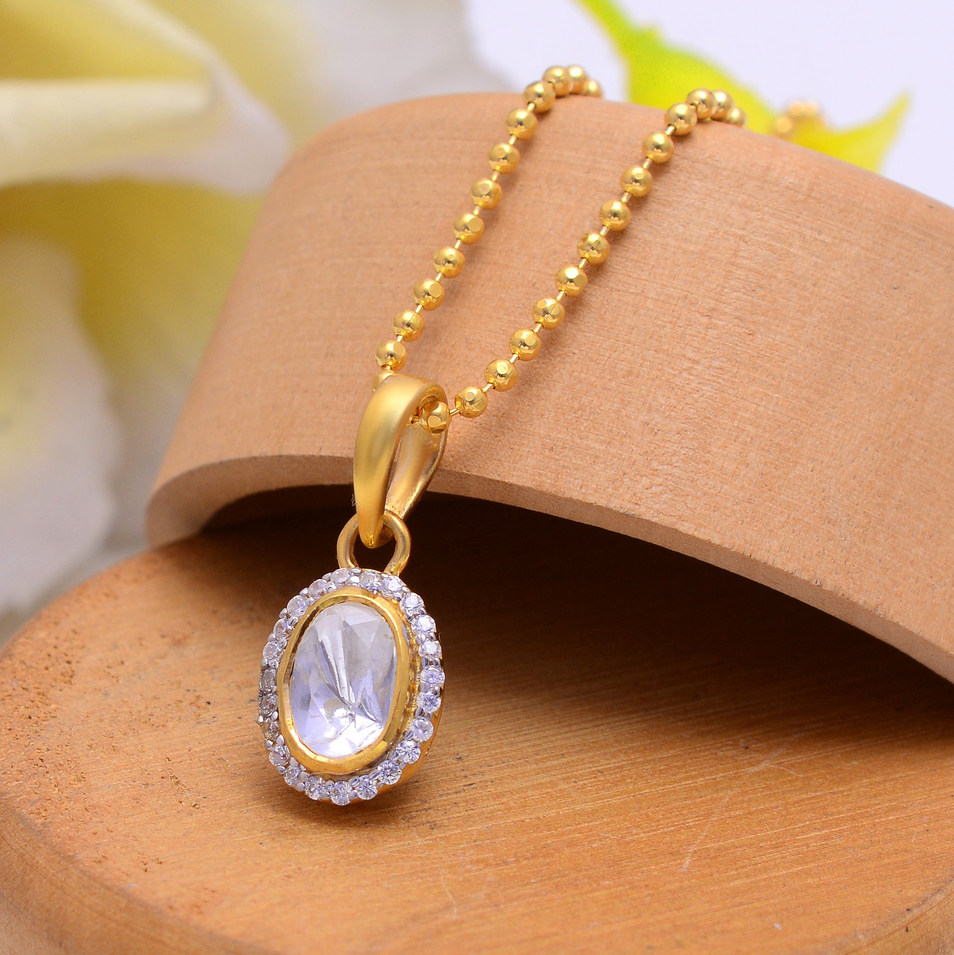 925 Sterling Silver Halo Pendant Necklace for Women – Oval White Stone Pendant in Gold Plated – Minimal Elegant Handmade Jewelry Gift | Women's Jewelry