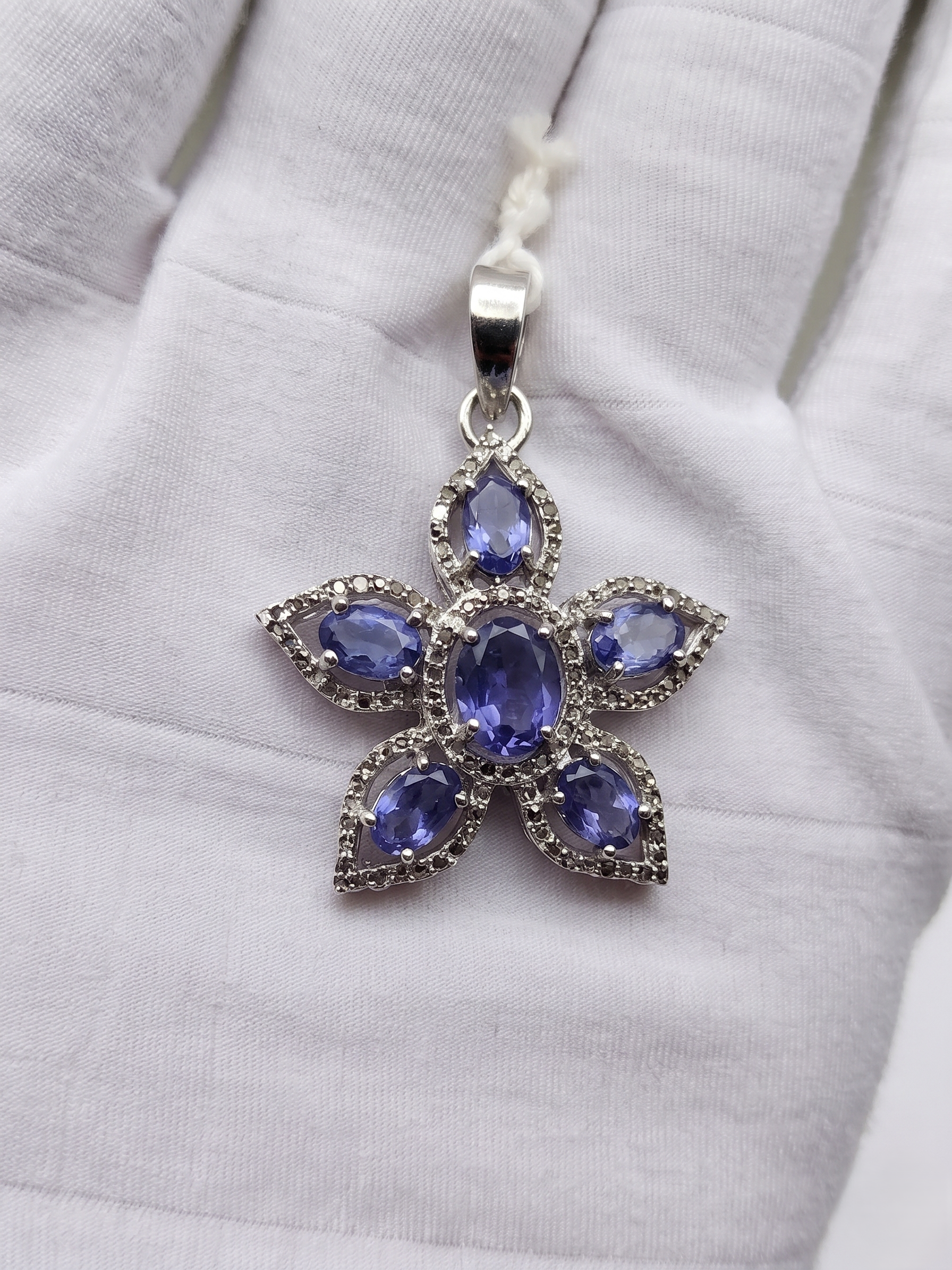 925 Sterling Silver Natural Blue Kyanite Flower Pendant Necklace | Handmade Floral Design with White Zircon Halo | Statement Gemstone Jewelry Gift for Mom Wife