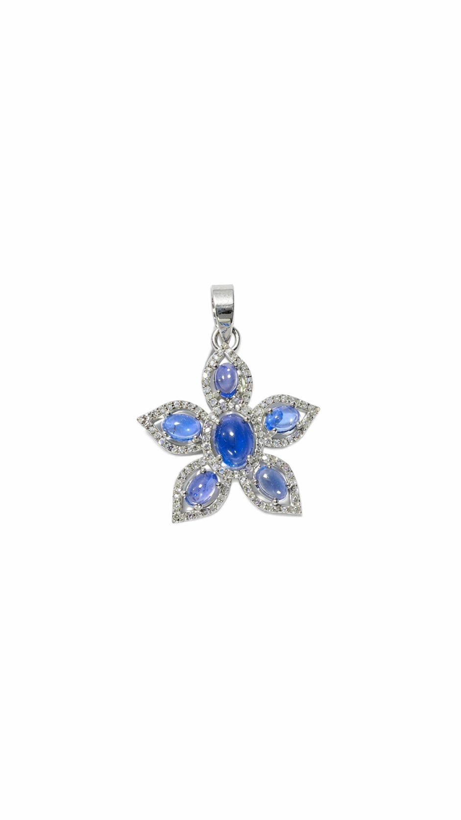 925 Sterling Silver Natural Blue Kyanite Flower Pendant Necklace | Handmade Floral Design with White Zircon Halo | Statement Gemstone Jewelry Gift for Mom Wife