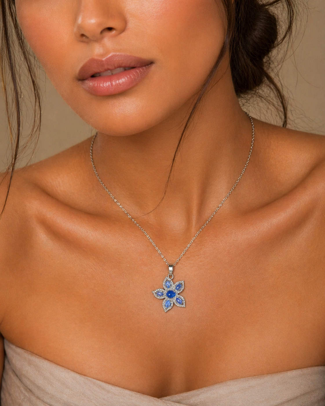 925 Sterling Silver Natural Blue Kyanite Flower Pendant Necklace | Handmade Floral Design with White Zircon Halo | Statement Gemstone Jewelry Gift for Mom Wife