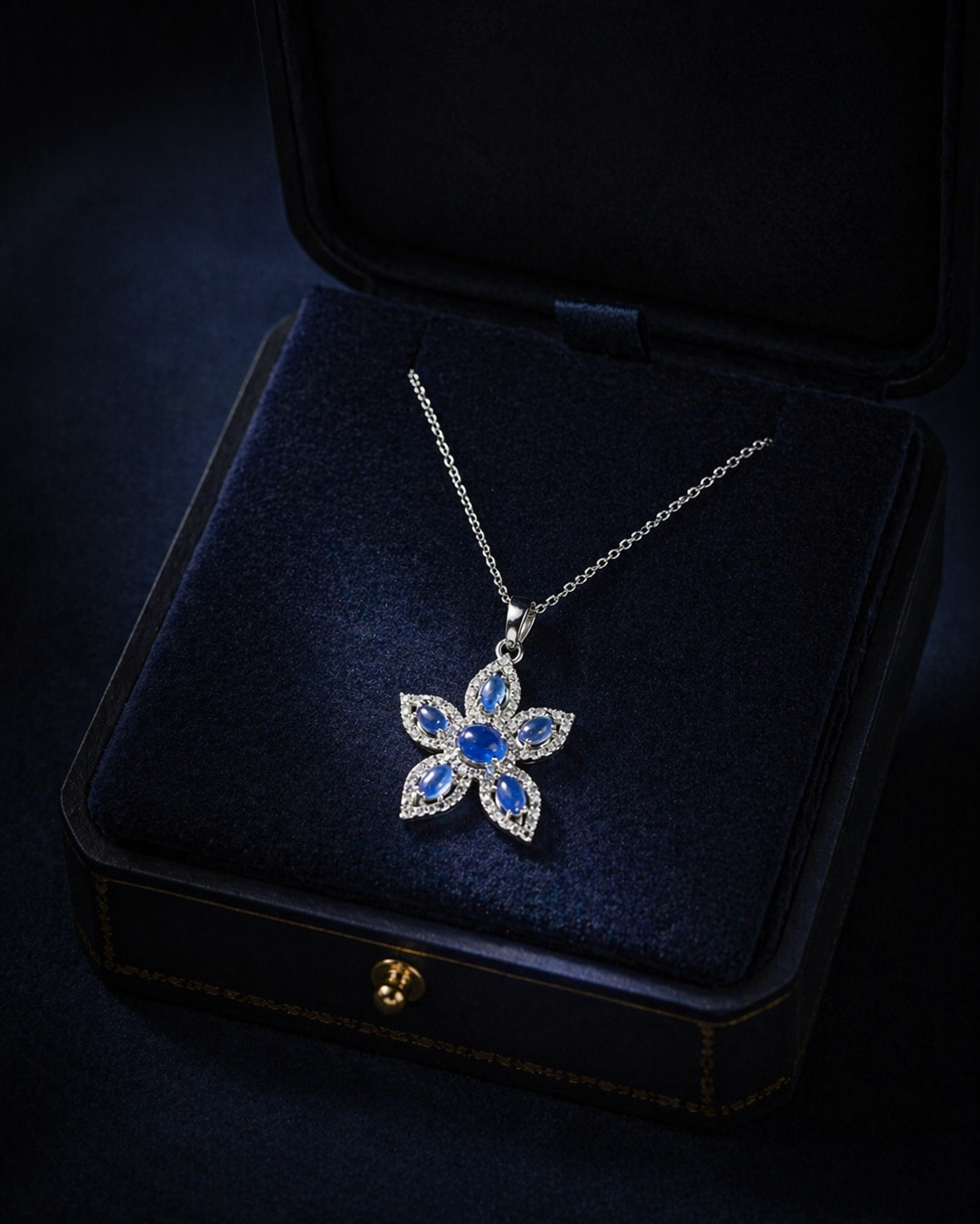 925 Sterling Silver Natural Blue Kyanite Flower Pendant Necklace | Handmade Floral Design with White Zircon Halo | Statement Gemstone Jewelry Gift for Mom Wife