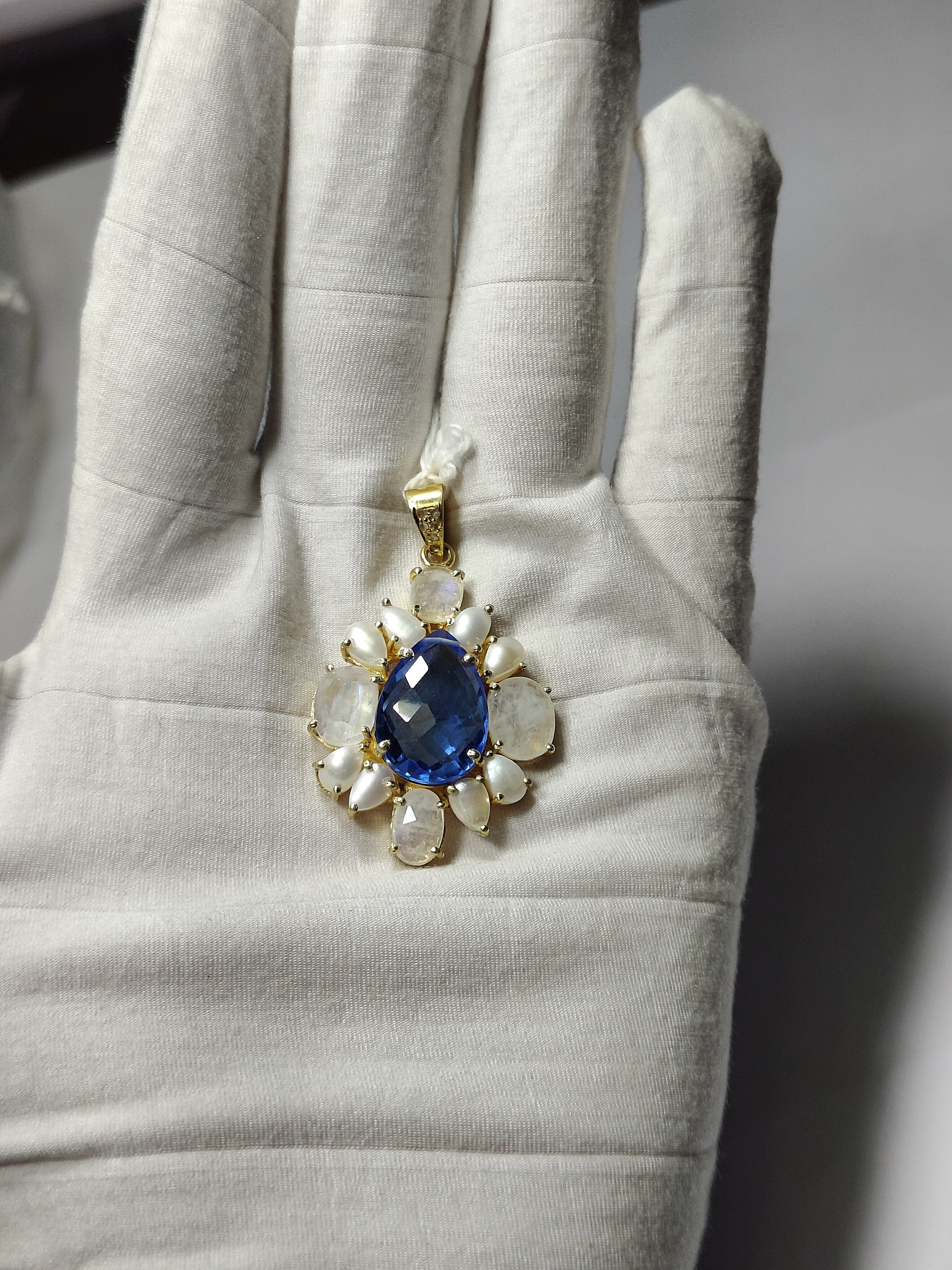 925 Sterling Silver Gold Plated Blue Topaz & Rainbow Moonstone Floral Pendant | Natural Gemstone Statement Jewelry for Women | Gift for Her Mom Wife Girlfriend